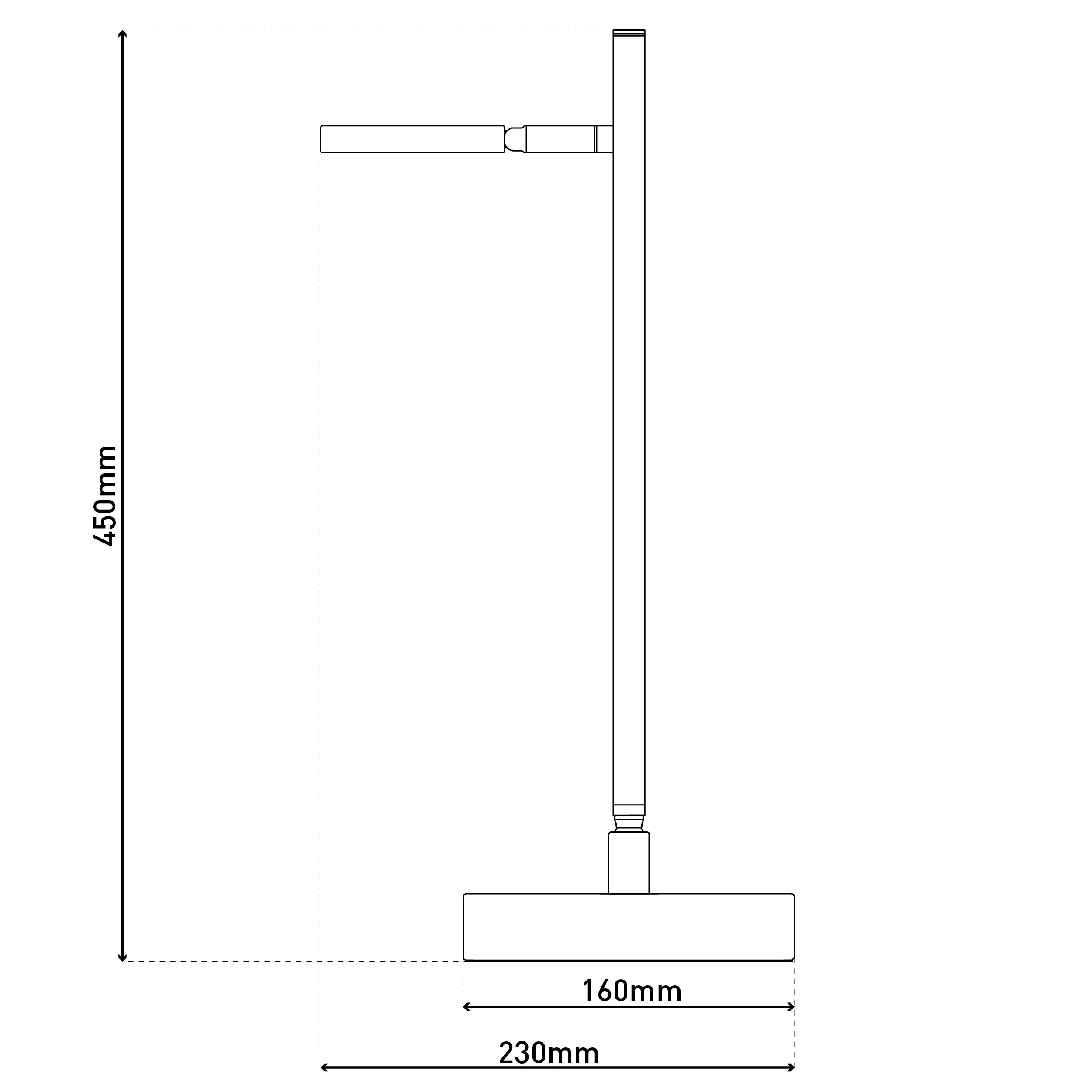 Strichzeichnung einer modernen Lampe. Maße: 450mm Höhe und 230mm Basisbreite.