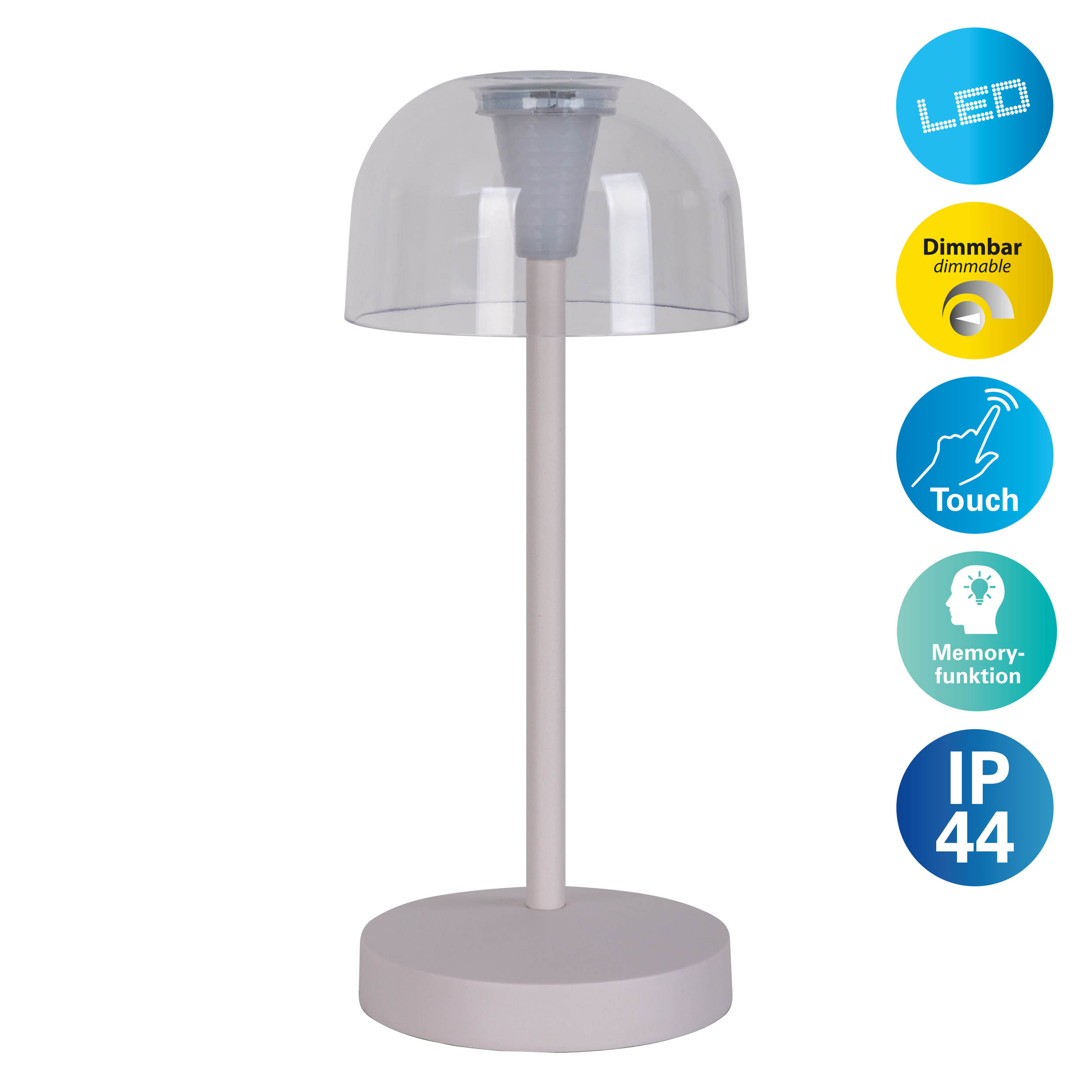 Eine Tischlampe mit einem Kuppelschatten und einem runden Sockel, mit Symbolen.