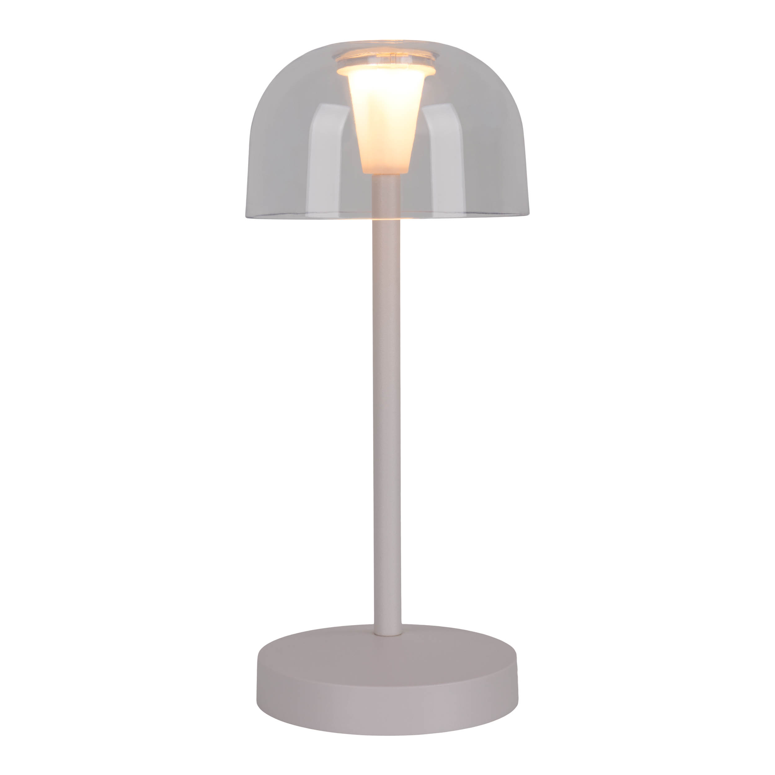 Tischlampe mit einem transparenten Kuppel-Schirm und einem weißen Fuß.