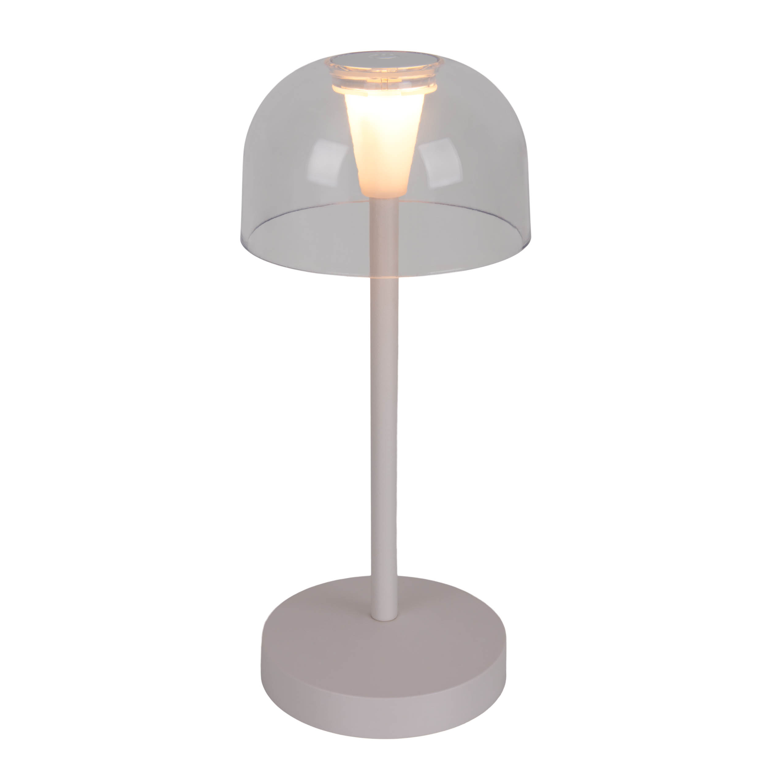 Tischlampe mit rundem Fuß, schlankem Stiel und transparentem Dom, der mit warmem Licht beleuchtet wird.