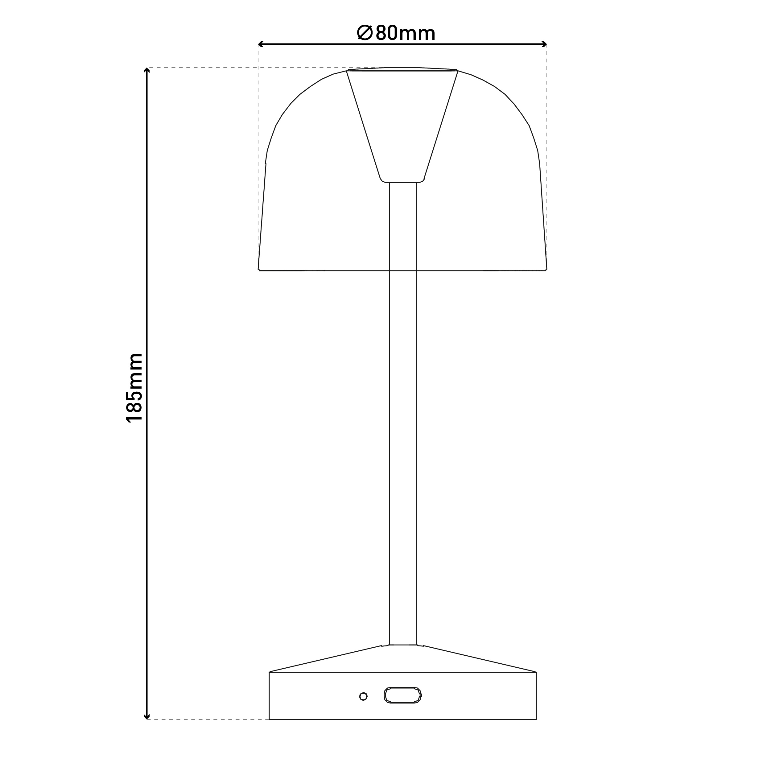 Eine Zeichnung einer Tischlampe mit Abmessungen und Details. Sie hat einen Sockel, einen Stiel und einen gebogenen Lampenschirm. Weißer Hintergrund.