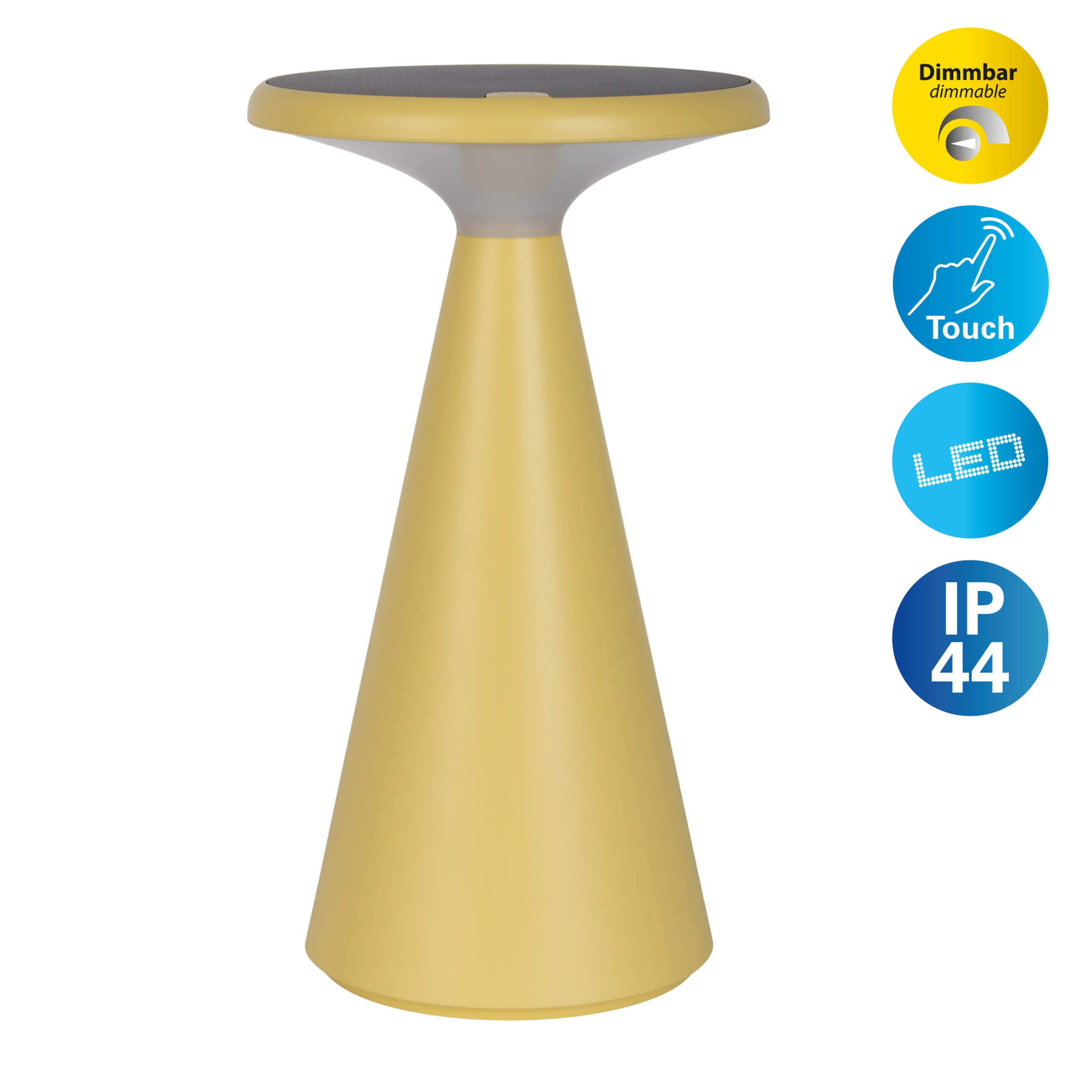 Gelbe, kegelförmige Tischlampe auf weißer Oberfläche. Berührungs-, dimmbare und LED-Symbole werden gezeigt.