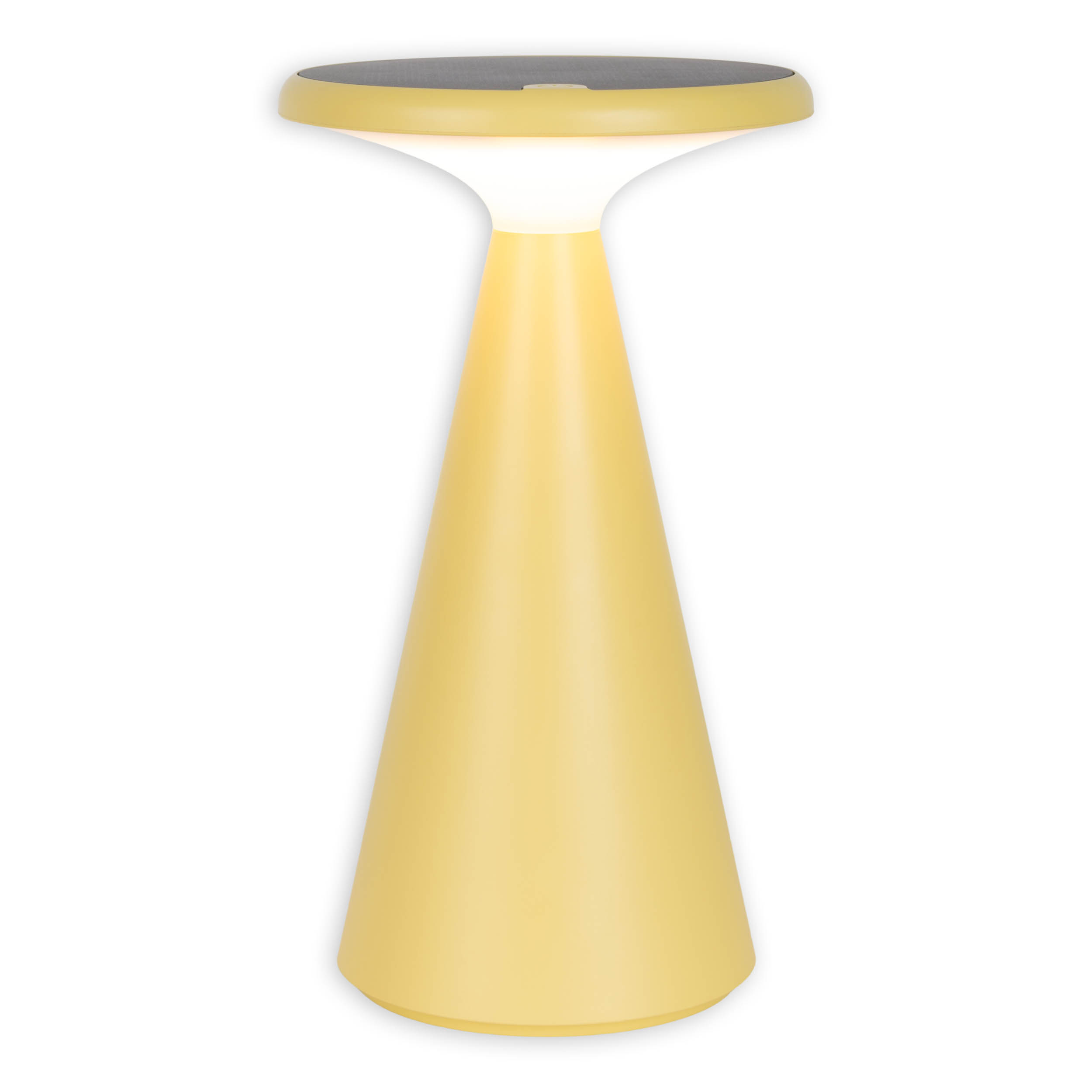 Eine gelbe Tischlampe mit weißem Licht. Sie steht auf einer weißen Oberfläche. Die Lampe hat ein modernes Design.