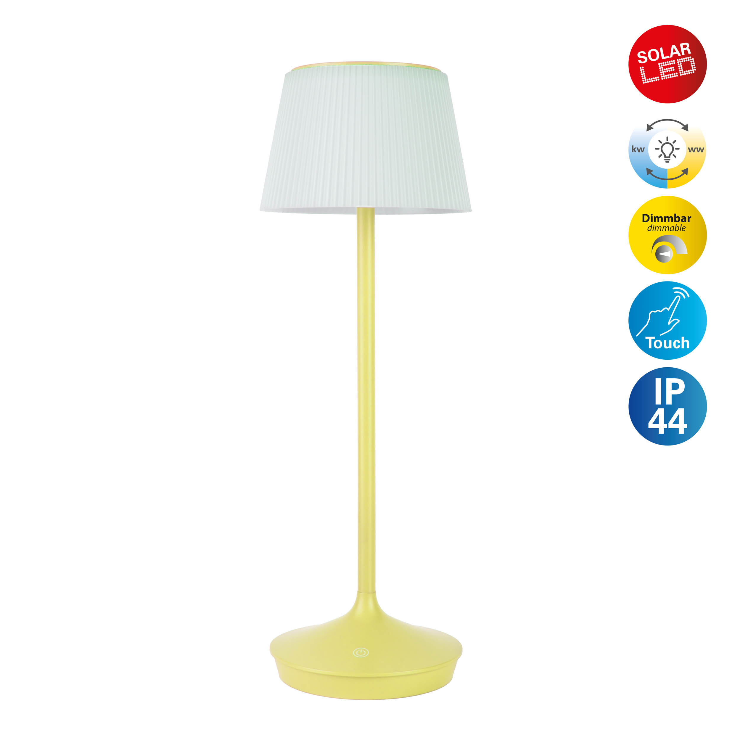 Eine gelbe Lampe mit weißem Lampenschirm, mit Solar- und Touch-Bedienelementen.