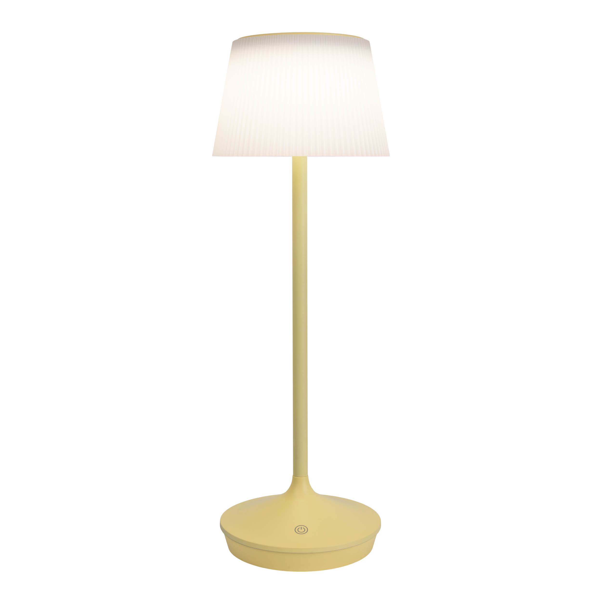 Eine gelbe Stehlampe mit weißem Schirm. Sie steht vor weißem Hintergrund.
