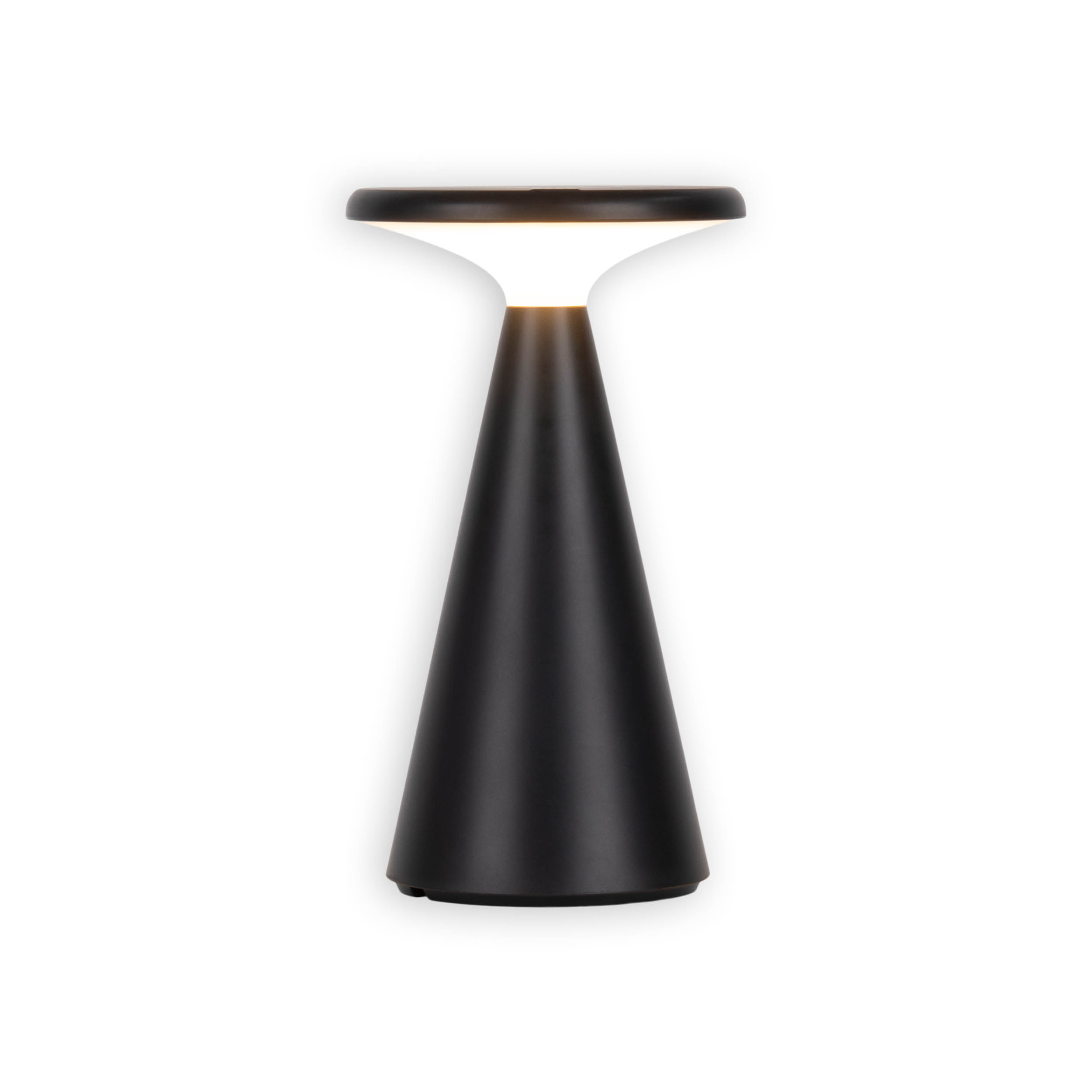 Eine schwarz-weiße, kegelförmige Lampe mit weißer Oberseite.