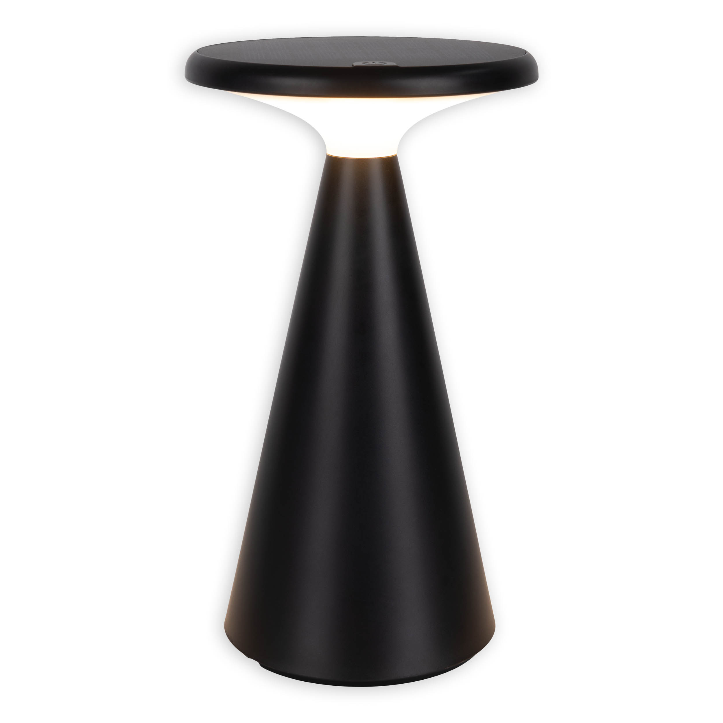 Eine schwarze moderne Lampe mit konischem Fuß und abgerundeter Oberseite, die Licht ausstrahlt.