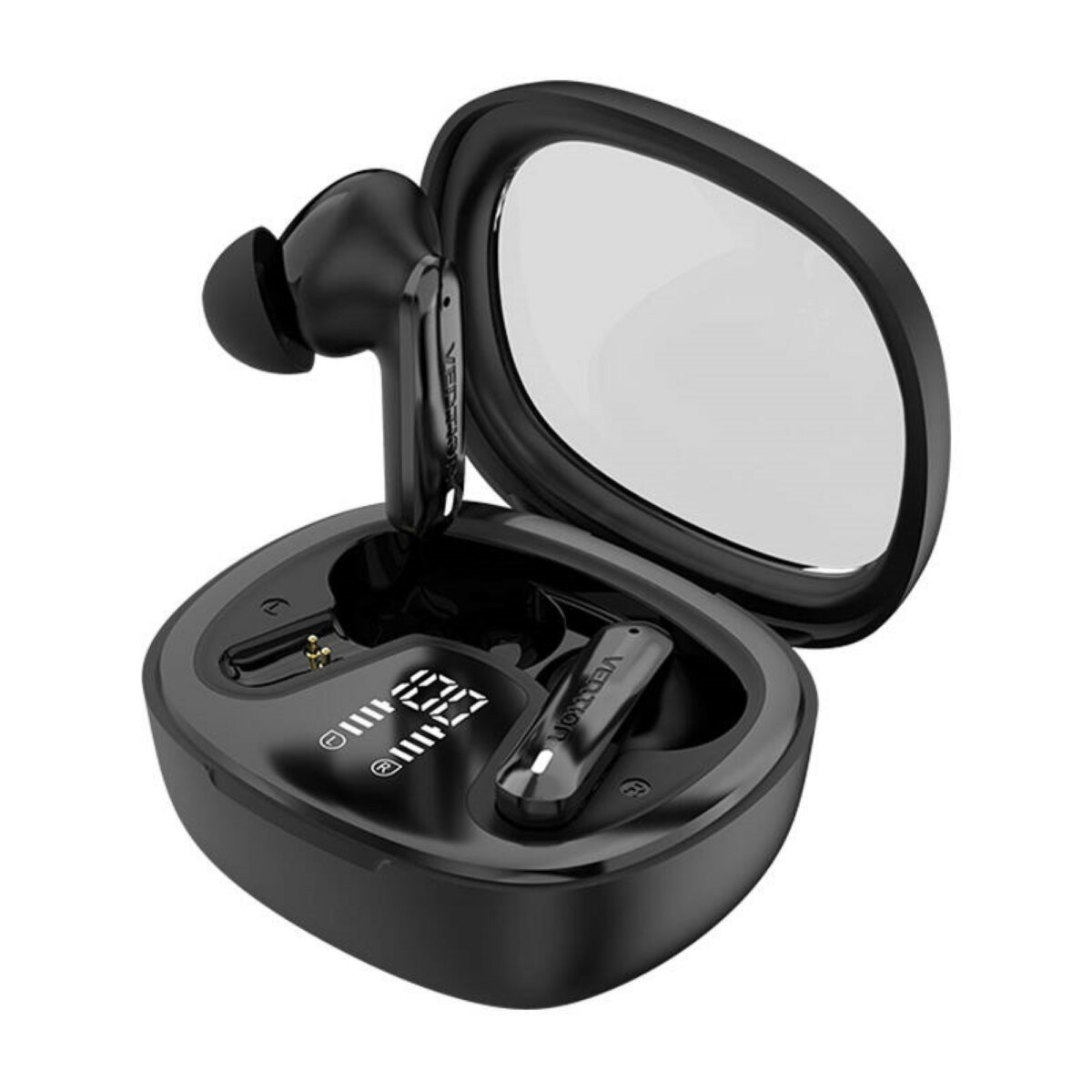 Auricolari neri in una custodia di ricarica con display. La custodia è aperta, su sfondo bianco.