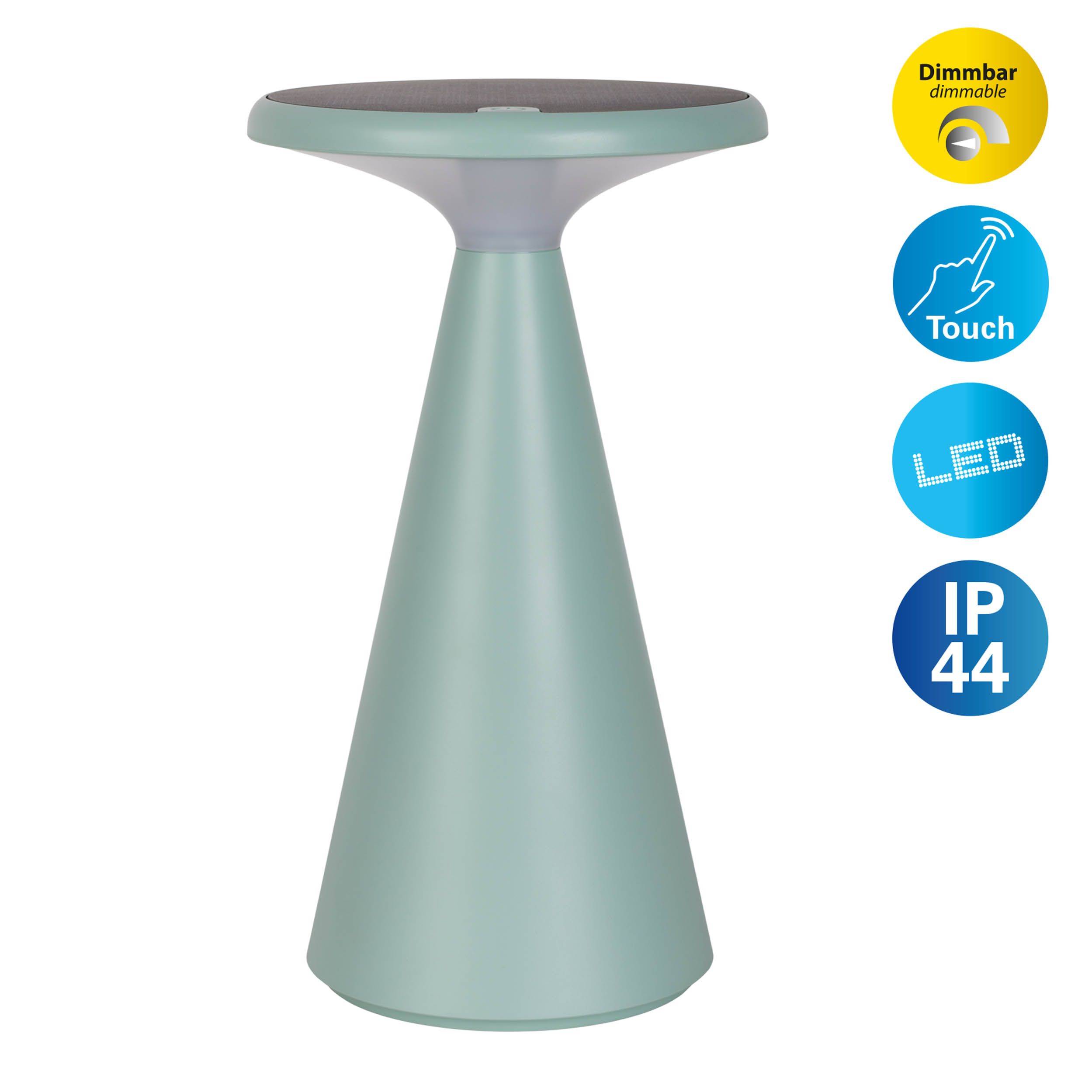 Eine grüne, kegelförmige Lampe mit Touch- und Dimmfunktion. Hat LED- und IP44-Anzeigen.