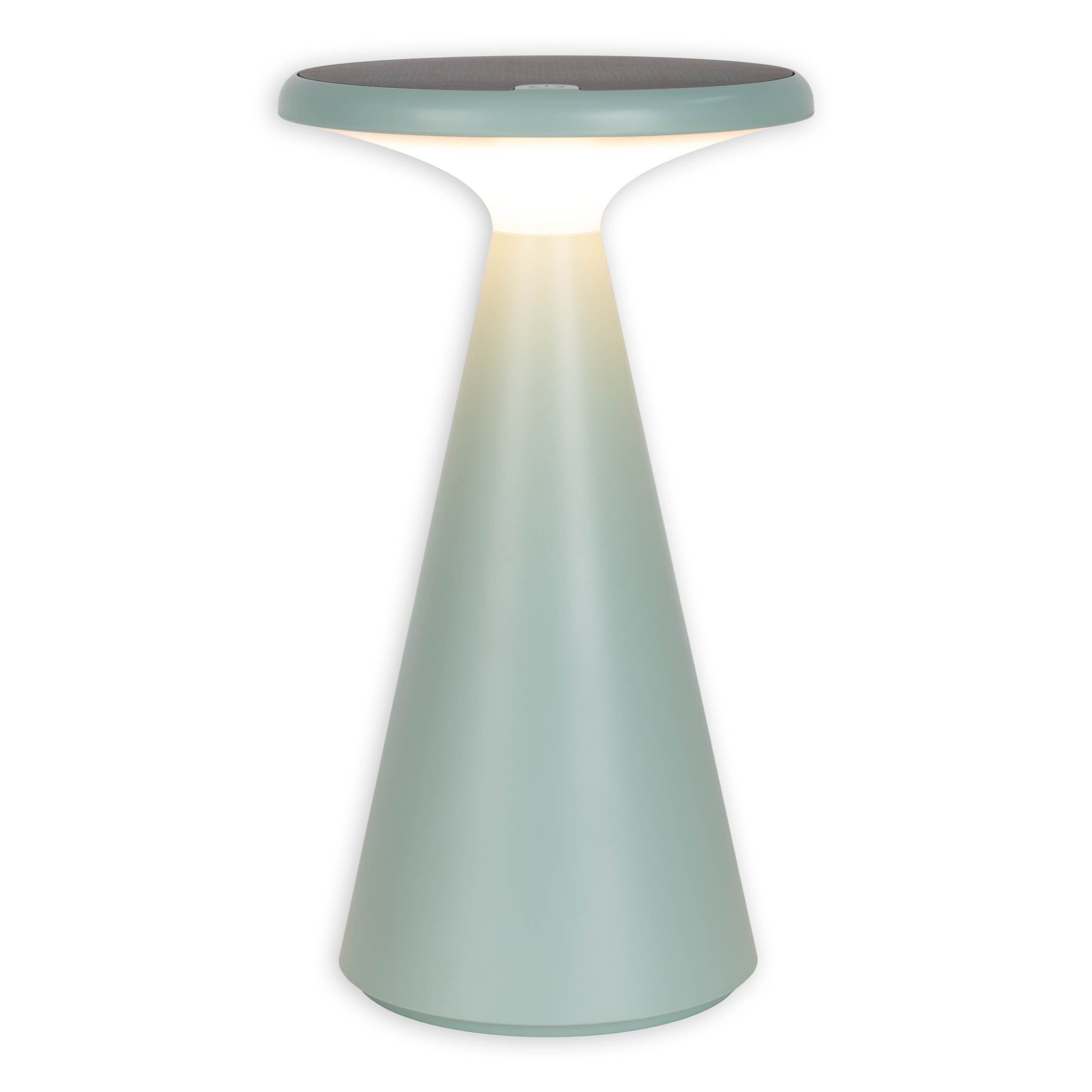 Eine mintgrüne Lampe mit weißem Licht auf weißem Hintergrund. Kegelförmige Basis und Oberteil.
