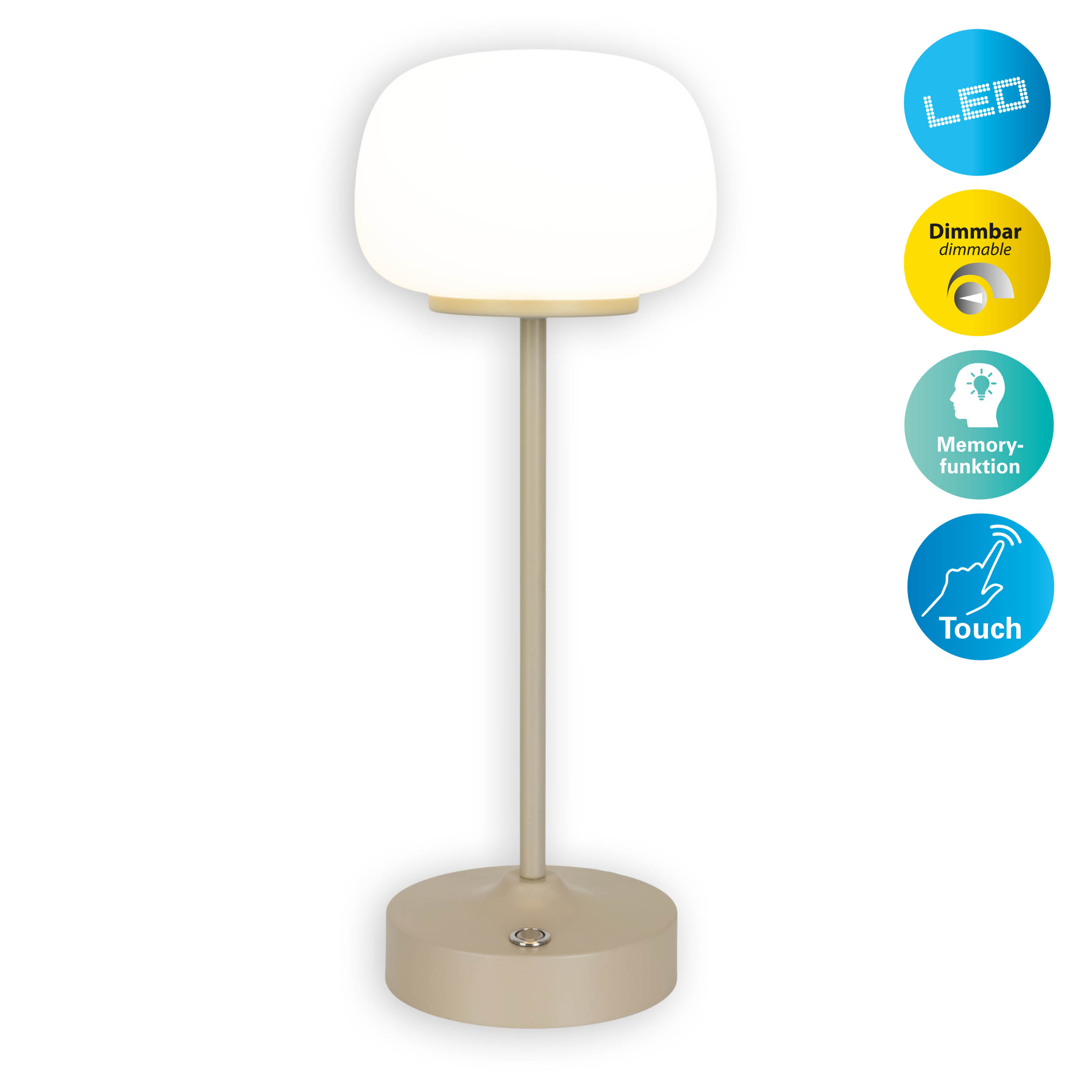 Eine Tischlampe mit beigem Sockel, dünnem Stiel und weißem, abgerundetem Schirm.