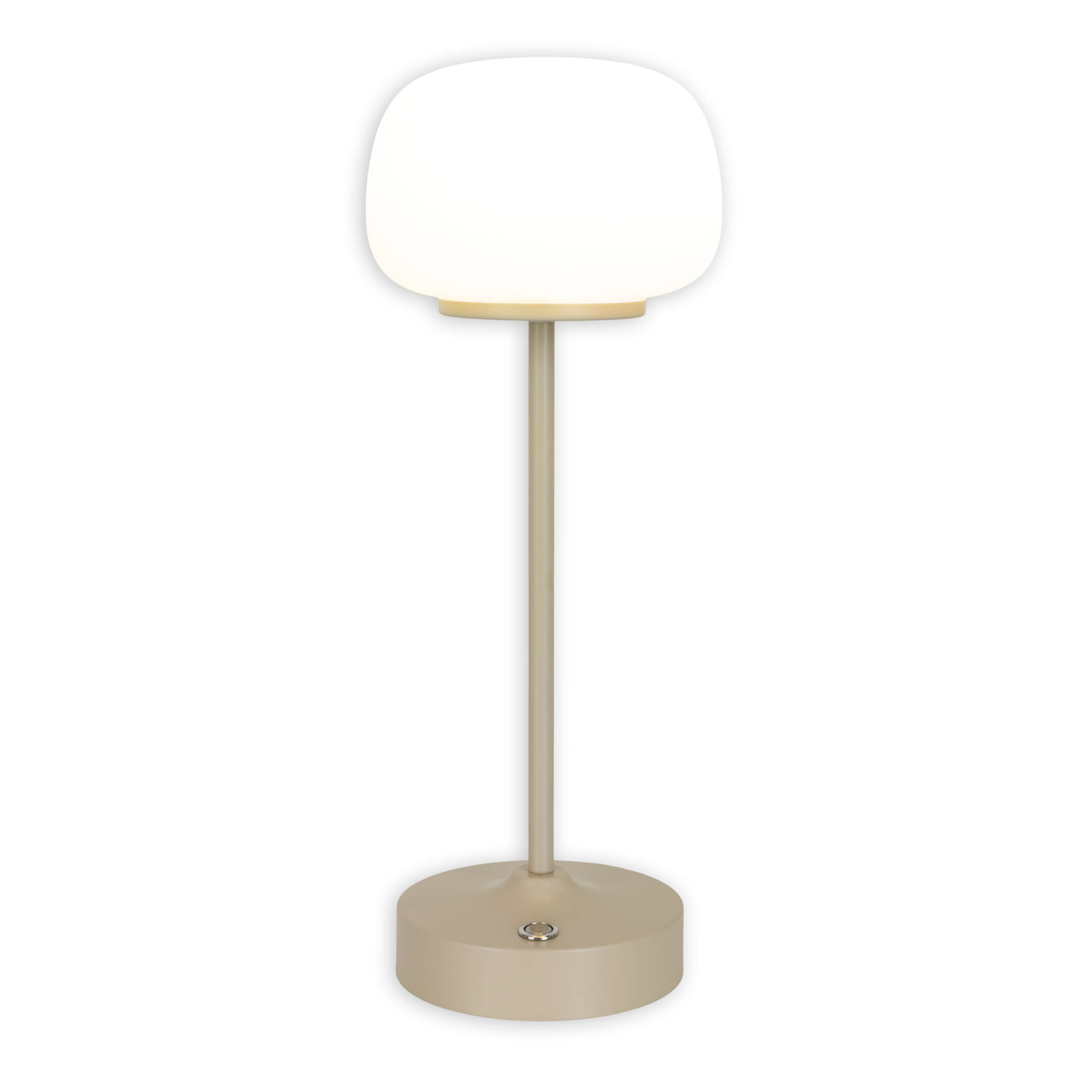 Eine hohe Lampe mit rundem, weißem Lampenschirm auf einem beigen Ständer. Am Fuß befindet sich ein Schalter.