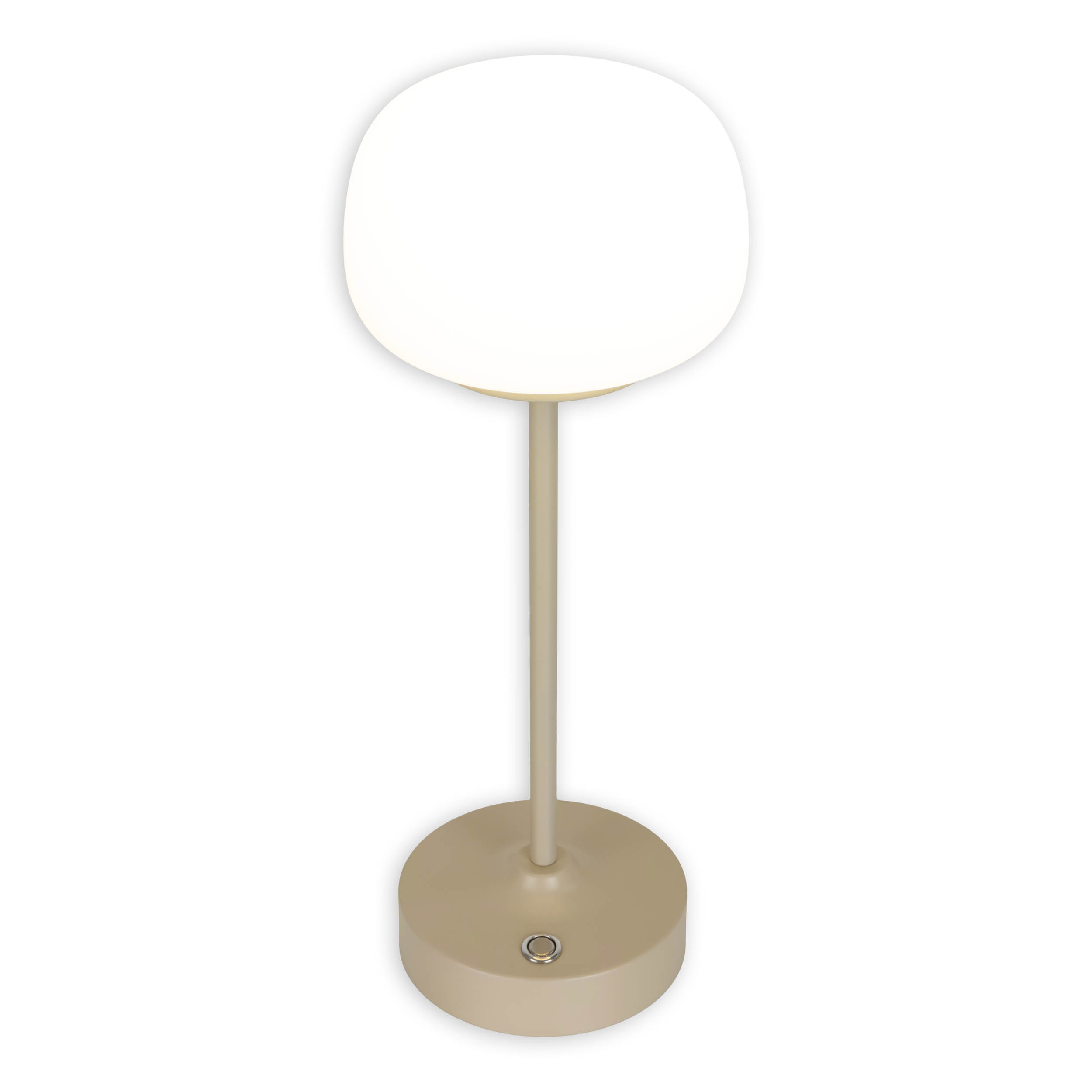 Eine moderne Tischlampe mit beigefarbenem Sockel und Stiel, gekrönt von einem ovalen, weißen Licht.