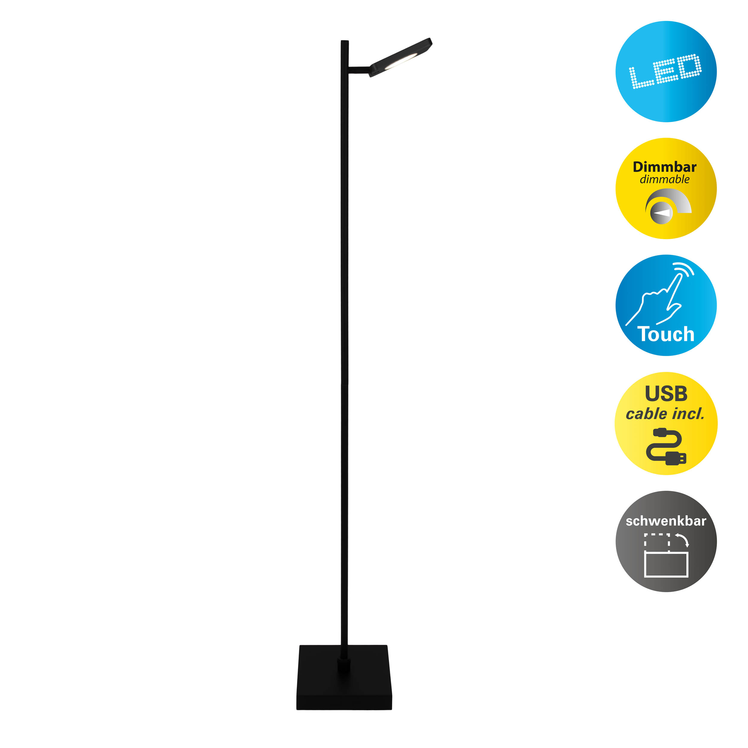 Eine schwarze Stehlampe mit mehreren Symbolen, die Funktionen wie Dimmbarkeit und Touch-Steuerung anzeigen.