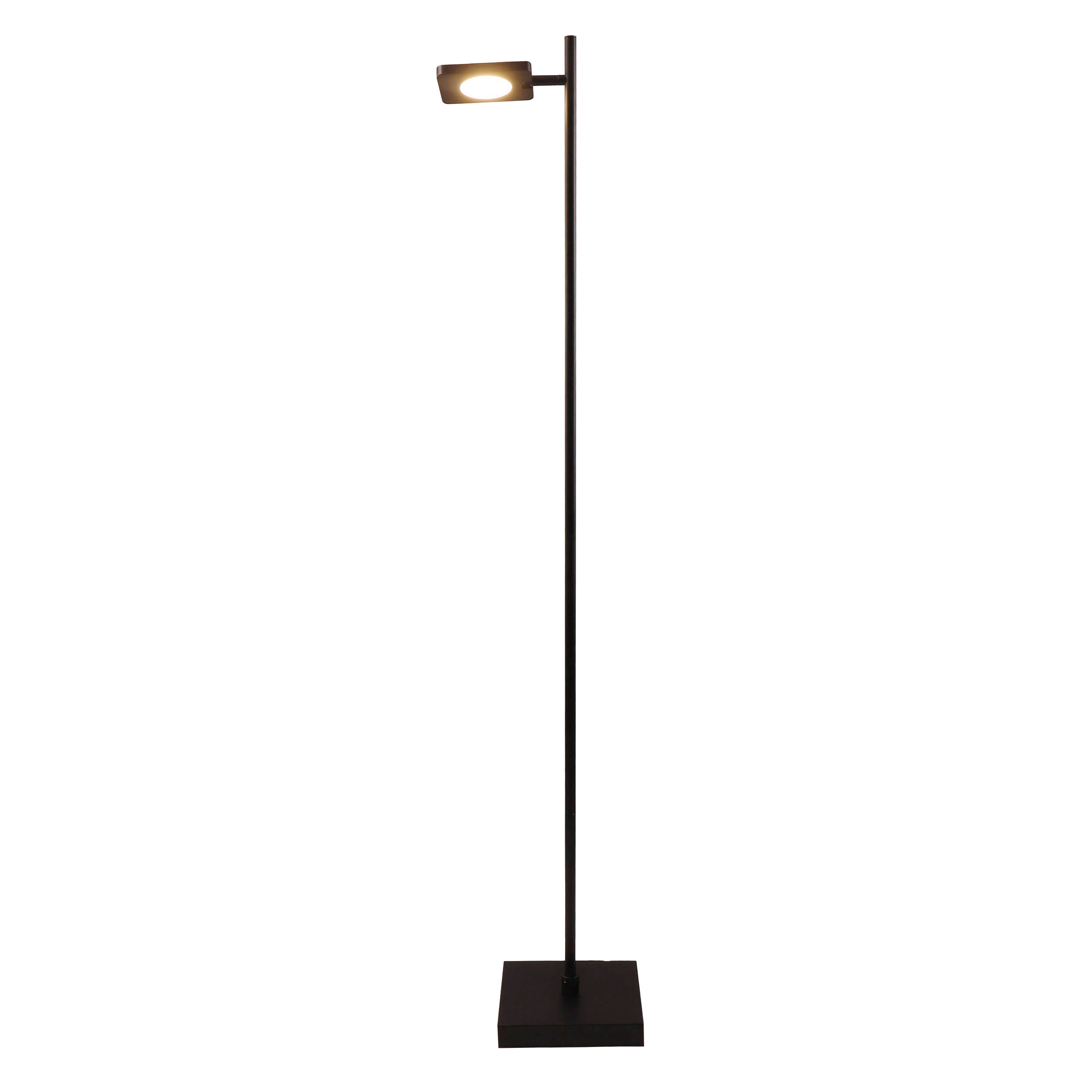 Schwarz, minimalistische Stehlampe mit quadratischem Fuß und Licht oben. Weißer Hintergrund.