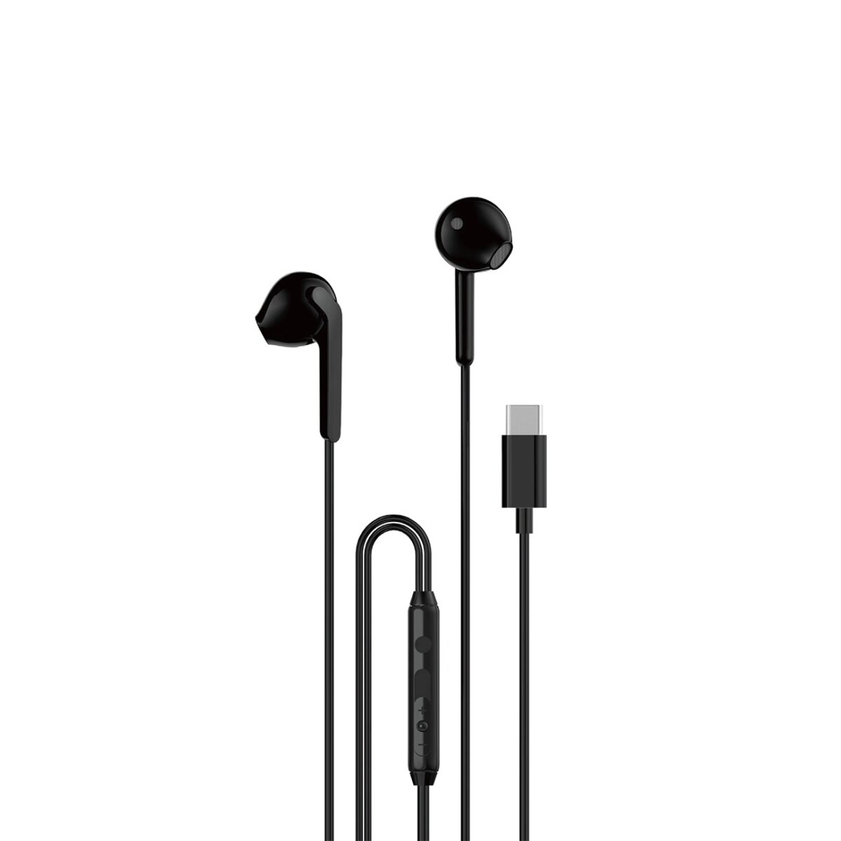 Auricolari cablati neri con connettore USB-C. Gli auricolari hanno un microfono e pulsanti di controllo sul filo.