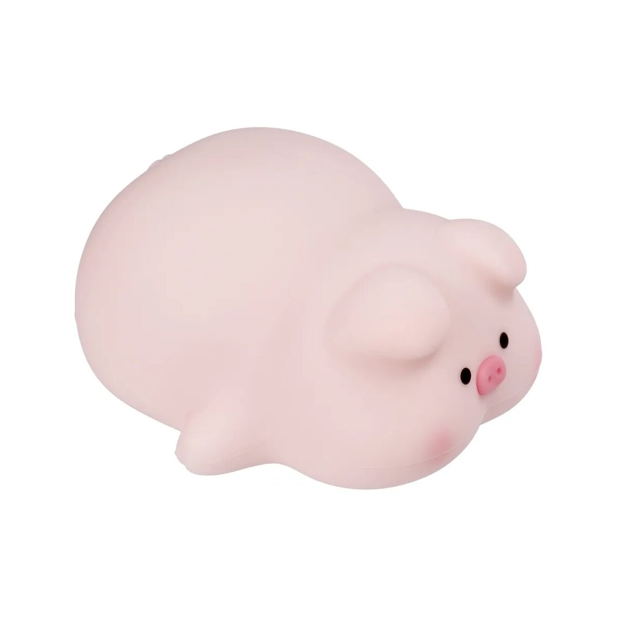Ein rosa Schweinespielzeug auf weißem Hintergrund. Es hat kleine Augen und eine rosa Schnauze.