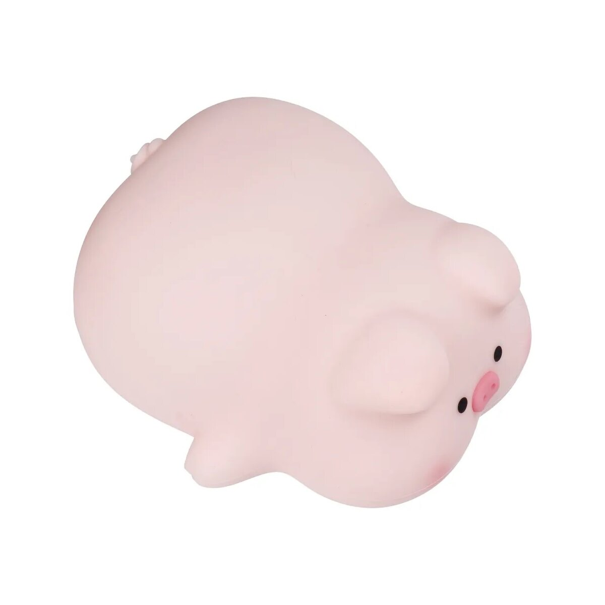 Ein rosa Schweinchen-Spielzeug liegt auf weißem Grund. Das Schwein hat kleine Ohren und einen Schwanz.