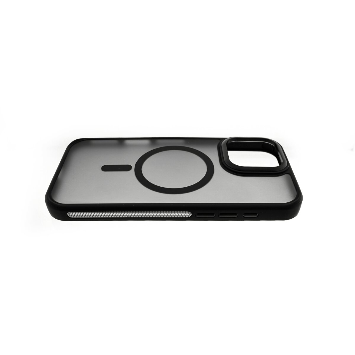 Una custodia nera per telefono con un'area MagSafe circolare e un design rettangolare.