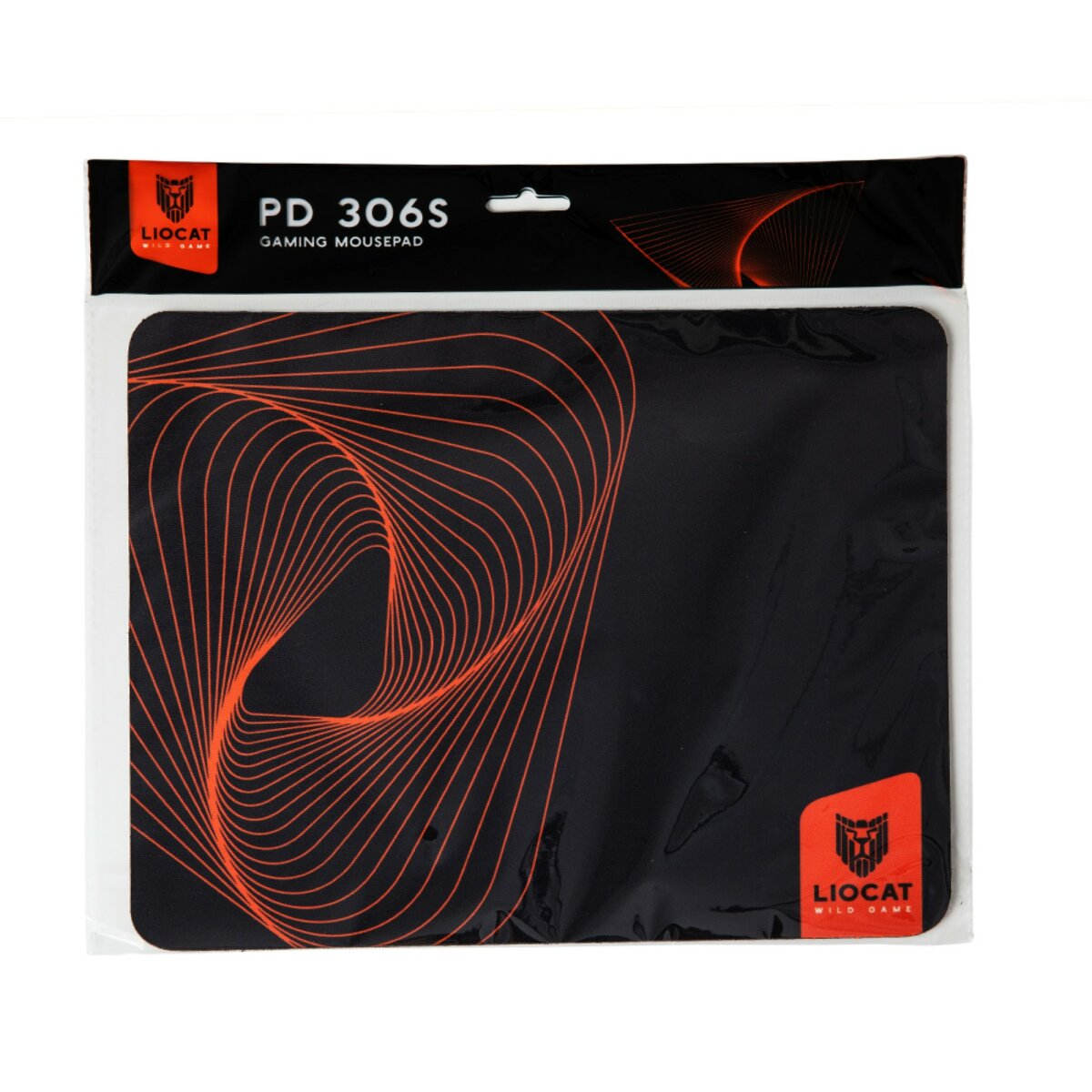 Gaming-Mauspad in einer Plastiktüte, schwarz mit orangefarbenem Wellendesign und Markenlogo.