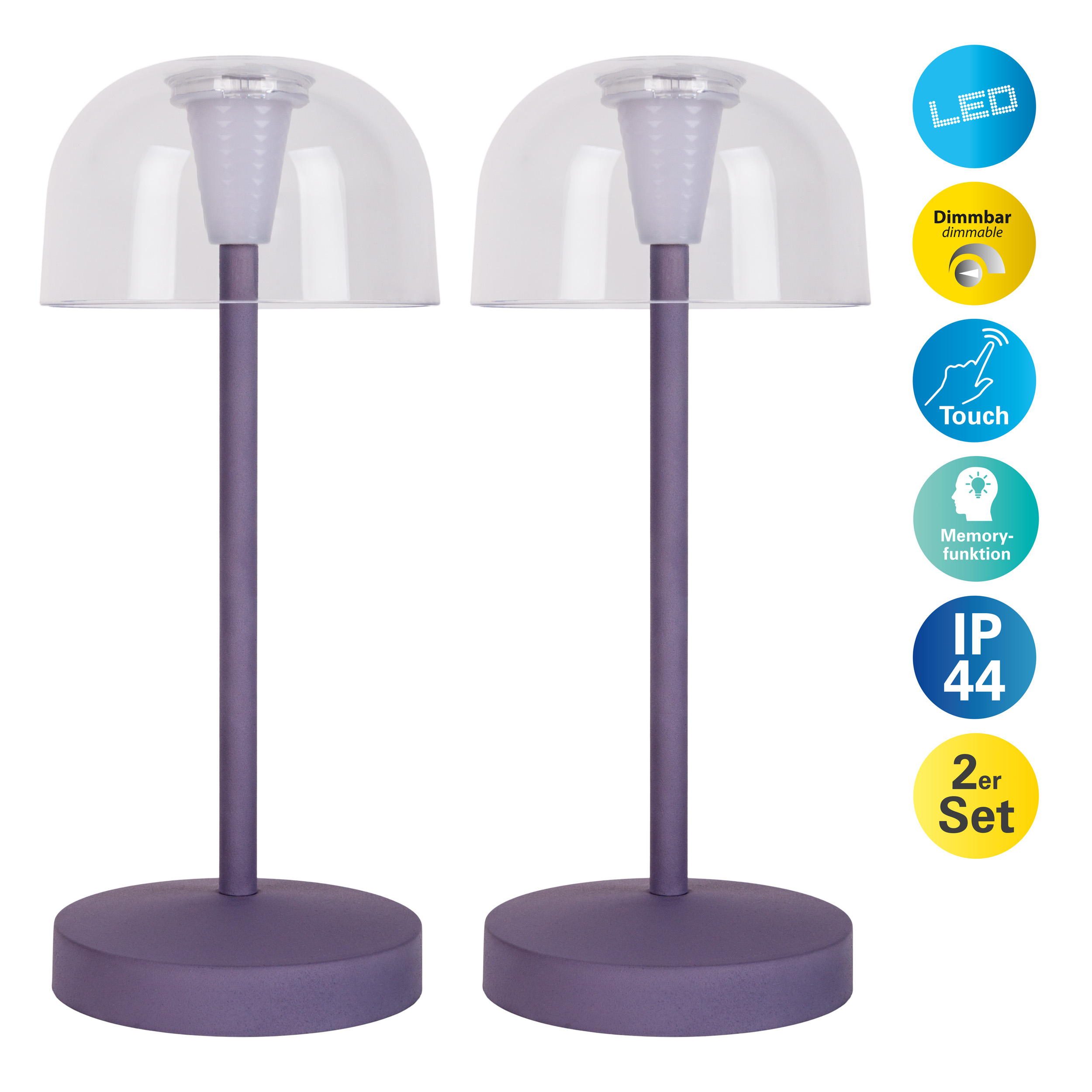 Due lampade viola con paralumi trasparenti, su sfondo bianco con icone.