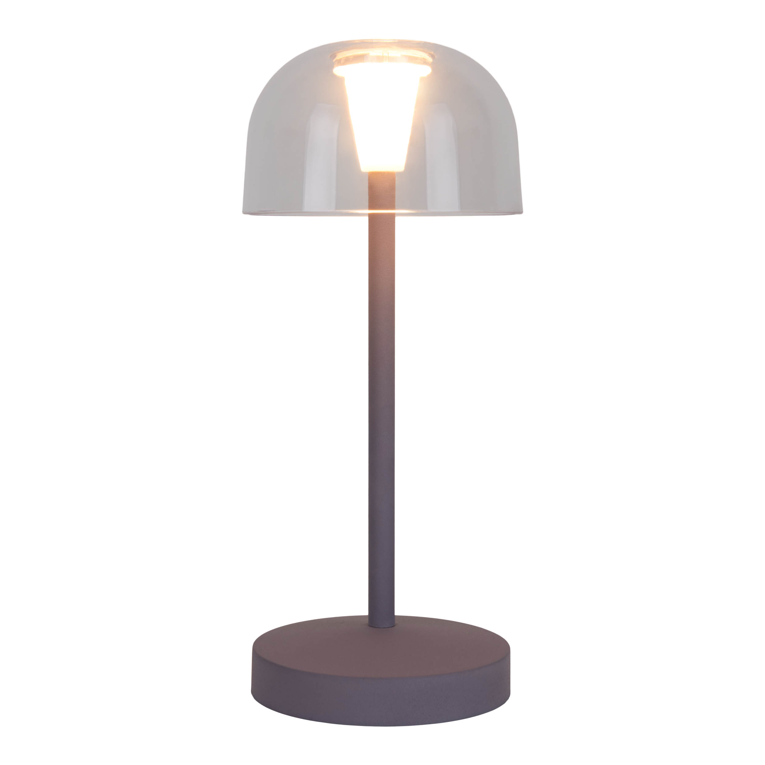 Lampada da tavolo moderna con cupola trasparente e base circolare.