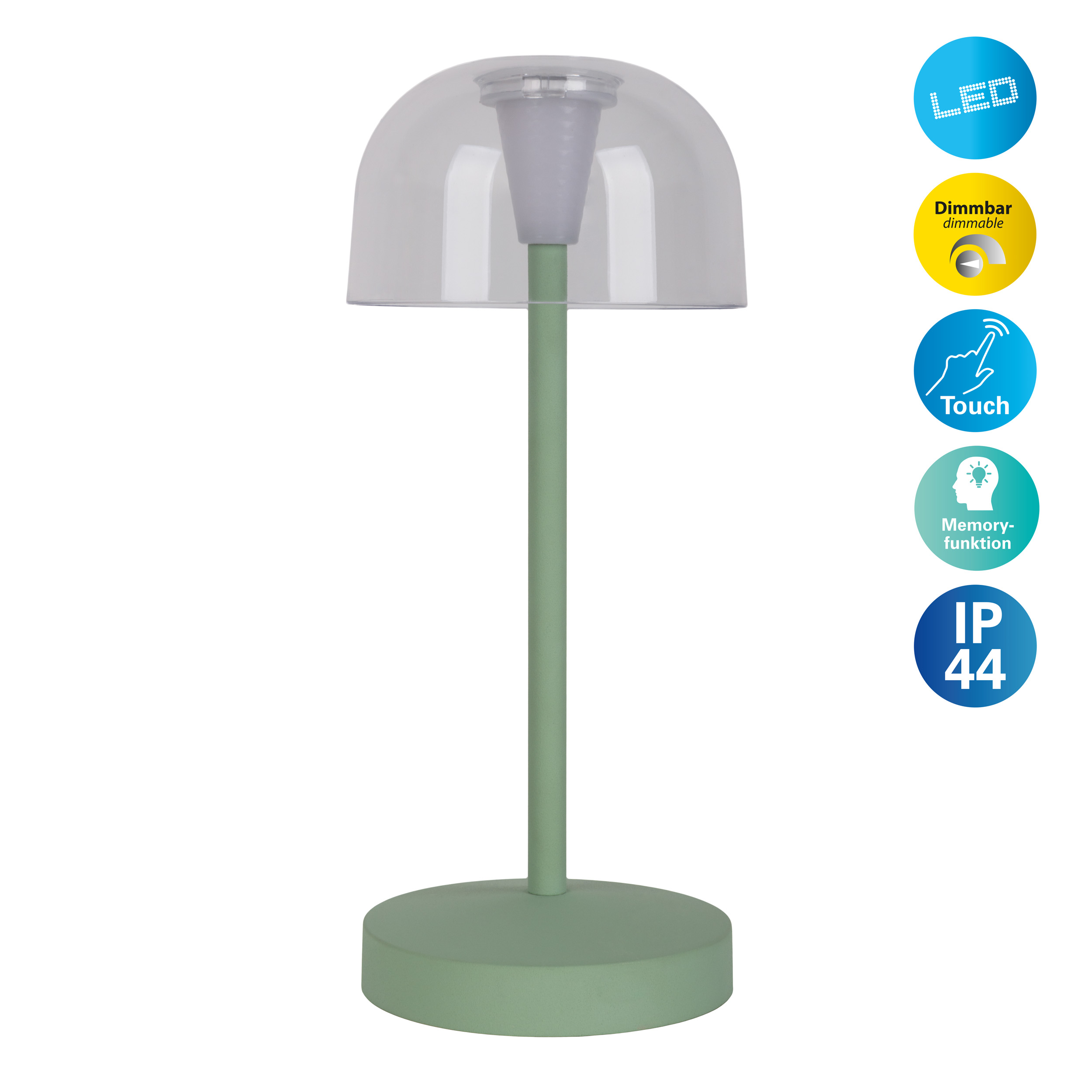 Eine grüne Tischlampe mit einer durchsichtigen Kuppel und einer weißen Glühbirne. Sie hat einen runden Sockel und einen Stiel.