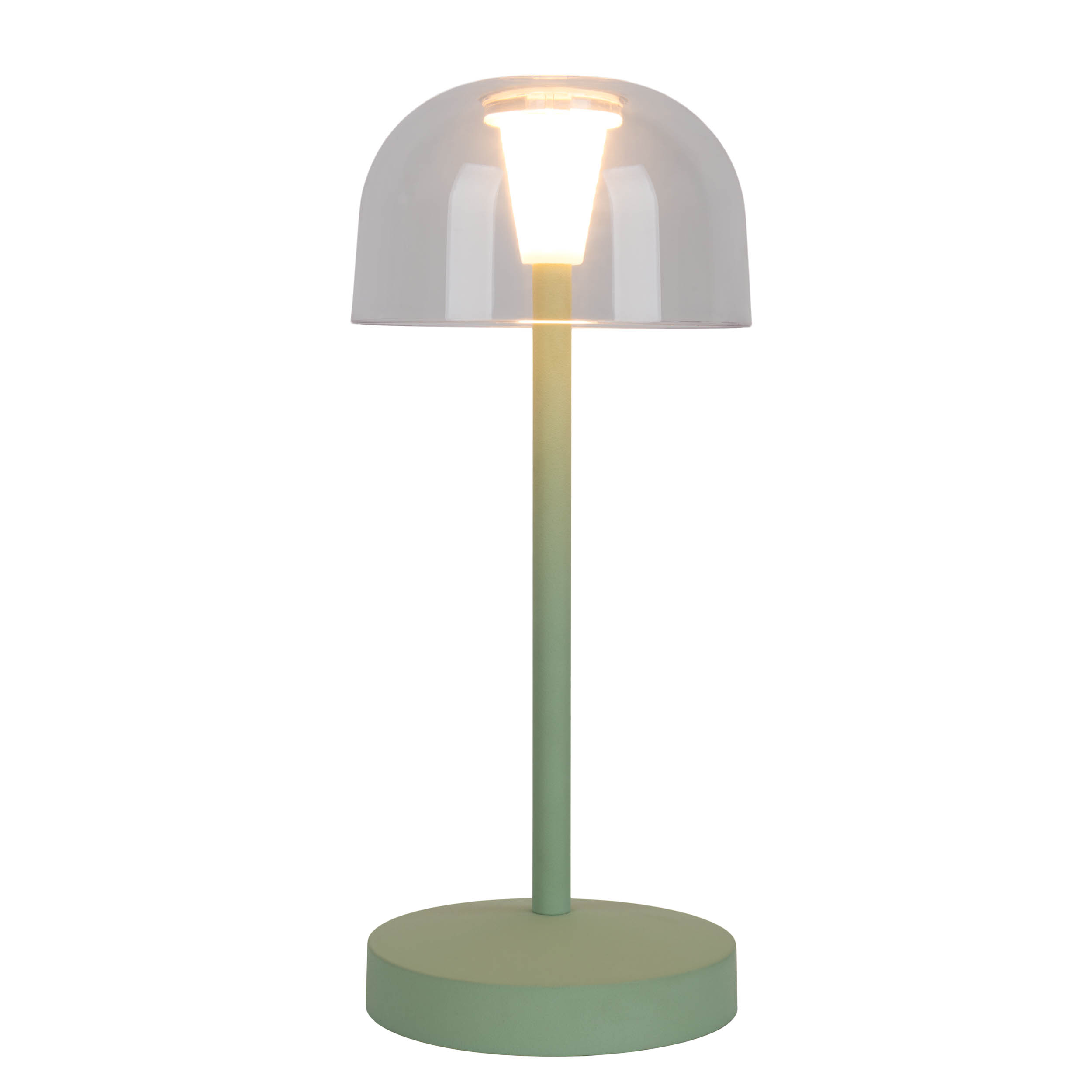 Una lampada da tavolo verde con un paralume a cupola trasparente, che emette luce calda.