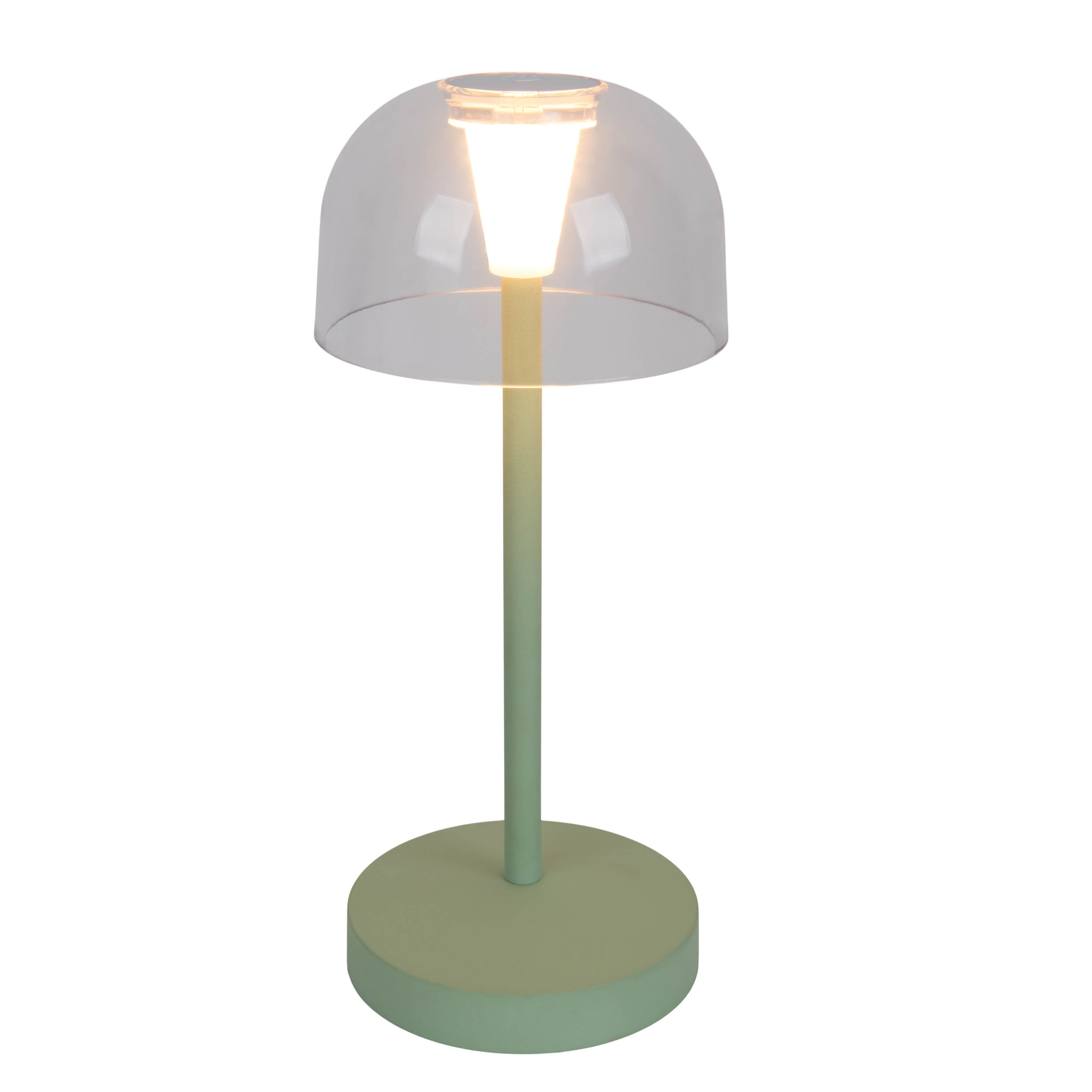 Una piccola lampada da tavolo con la parte superiore arrotondata e una base verde.
