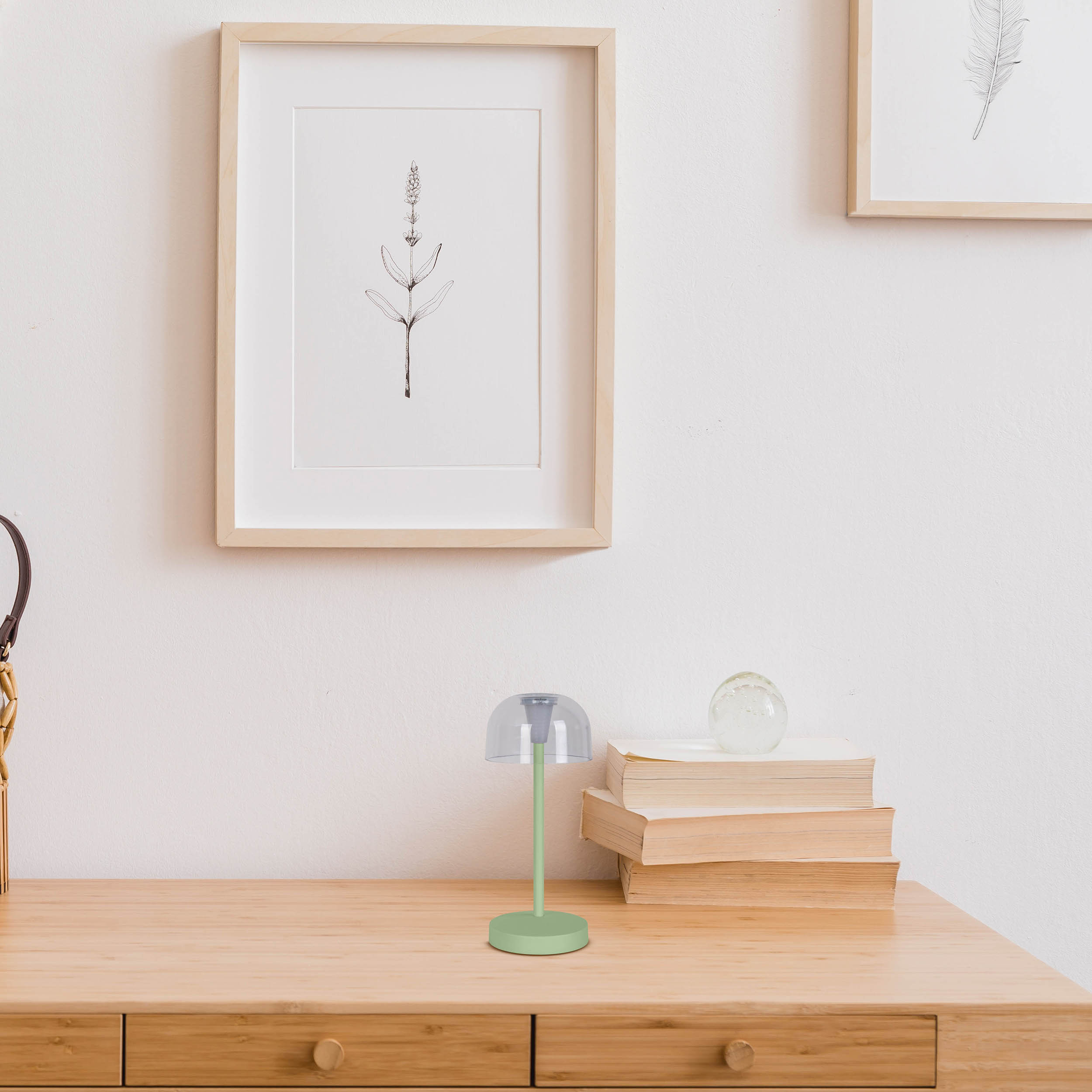 Configurazione della scrivania con lampada, libri e un'immagine incorniciata. Lampada verde chiaro con paralume trasparente.