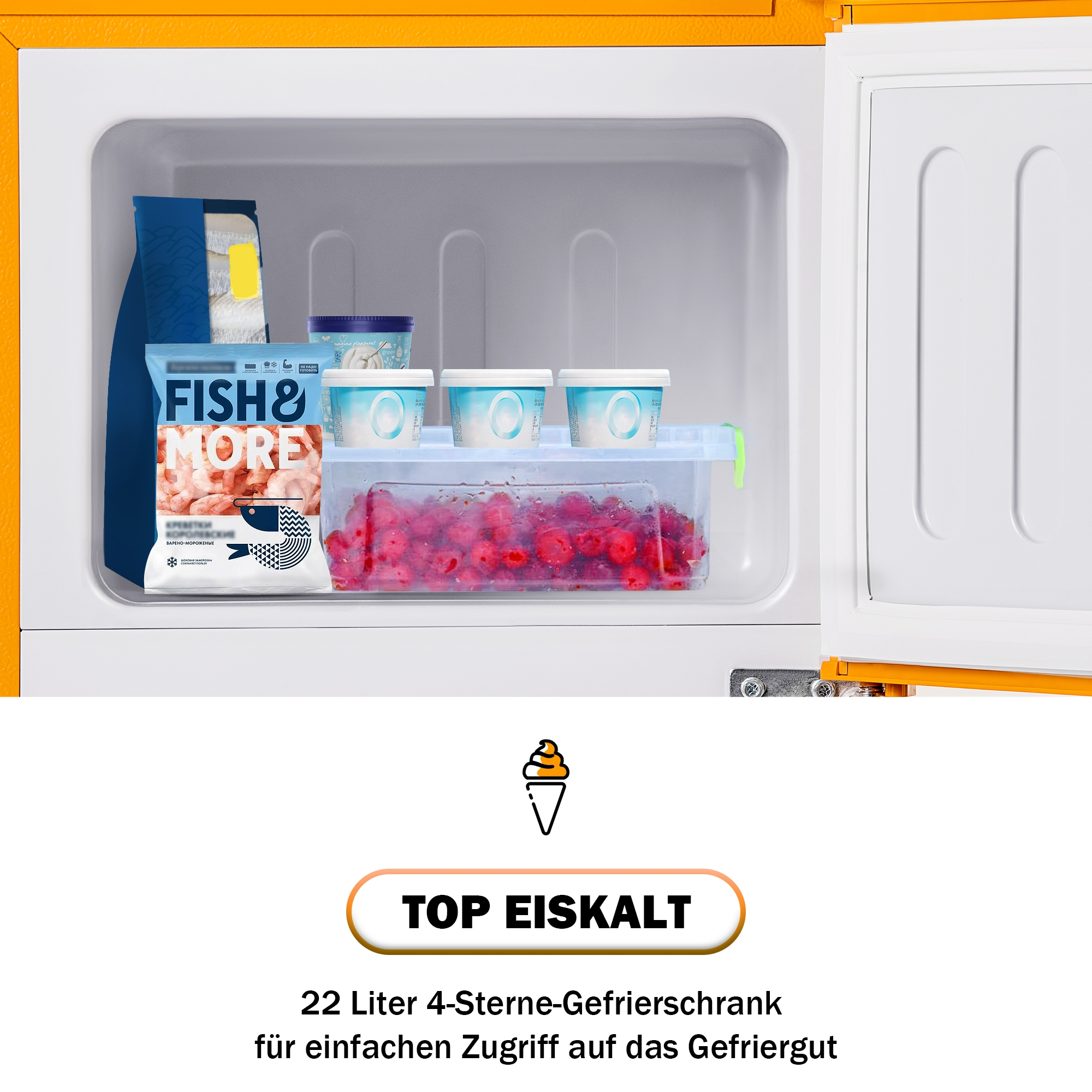 Offener Kühlschrank mit Tiefkühlkost, Eis und Fischpaket. Gelber Schrank.