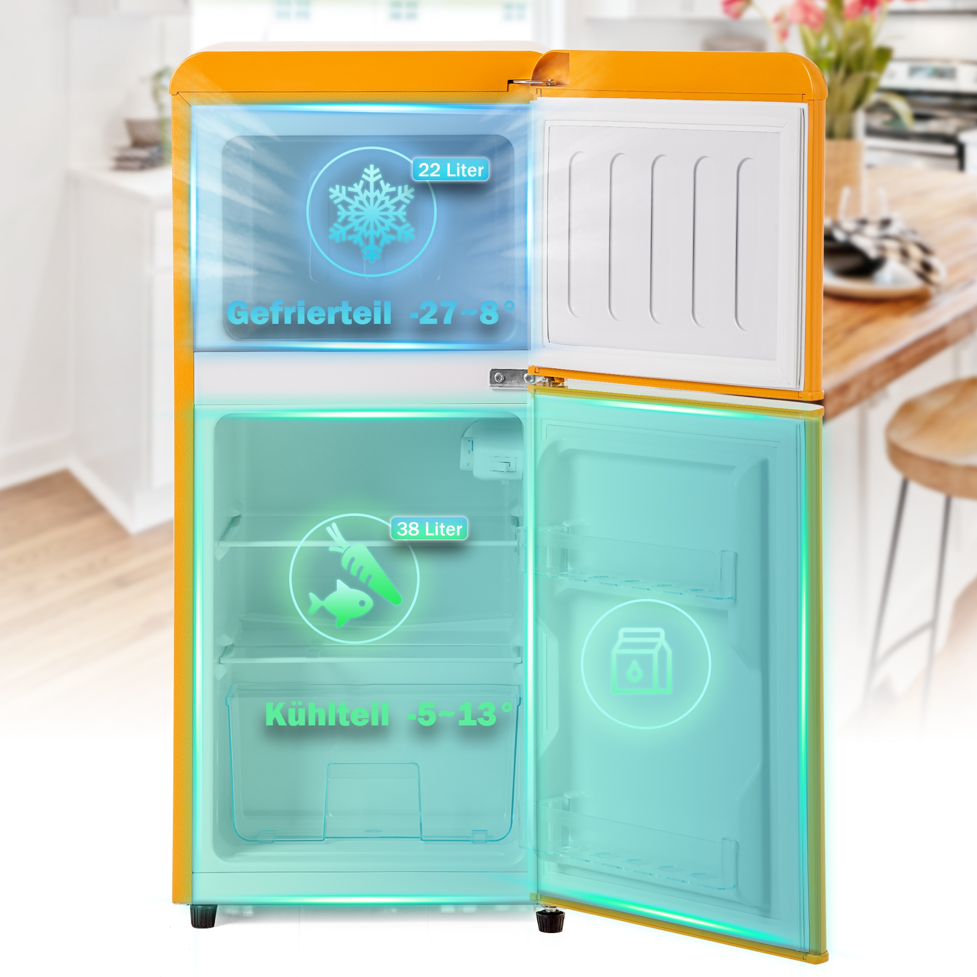 Ein orangefarbener Kühlschrank mit offenen Türen, der Gefrier- und Kühlbereiche zeigt.