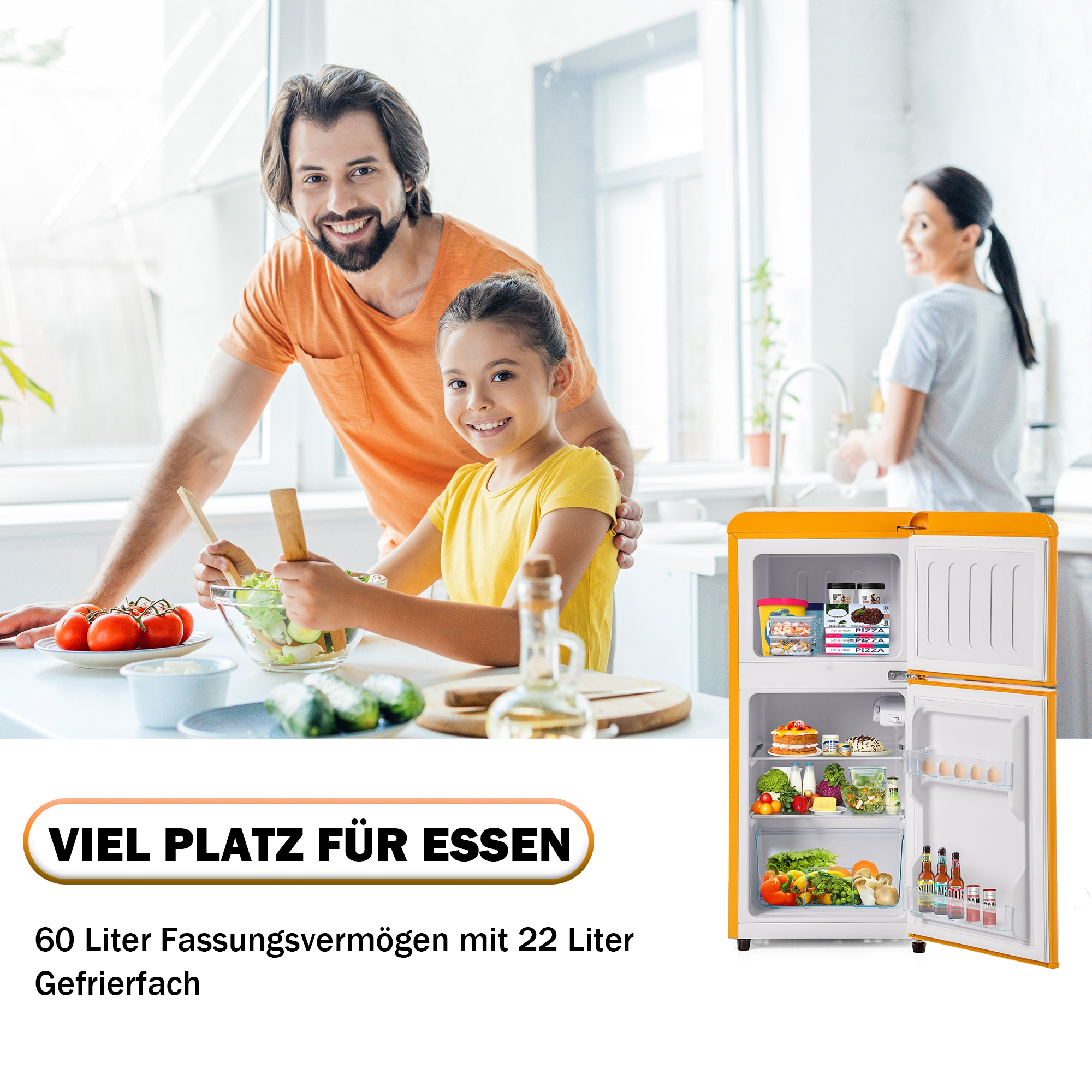 Familie bereitet Essen in einer Küche mit einem orangen Kühlschrank zu.