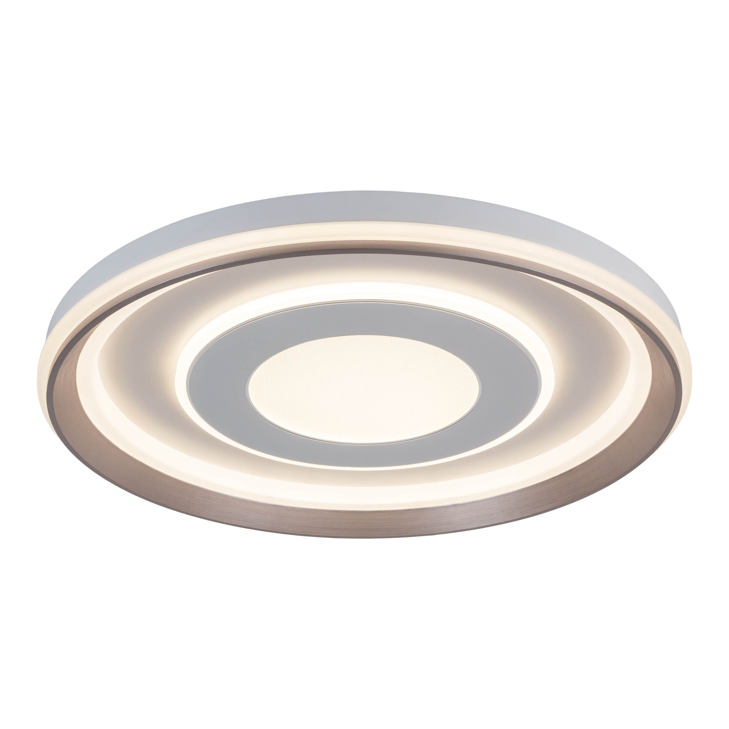 Eine weiße Deckenlampe mit kreisförmigem, geschichtetem Design, helles Licht emittierend.