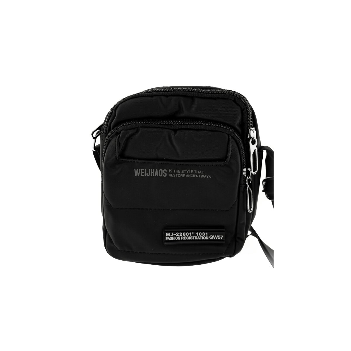 Schwarze Umhängetasche mit weißem Text. Die Tasche hat eine Vordertasche und einen Schultergurt.