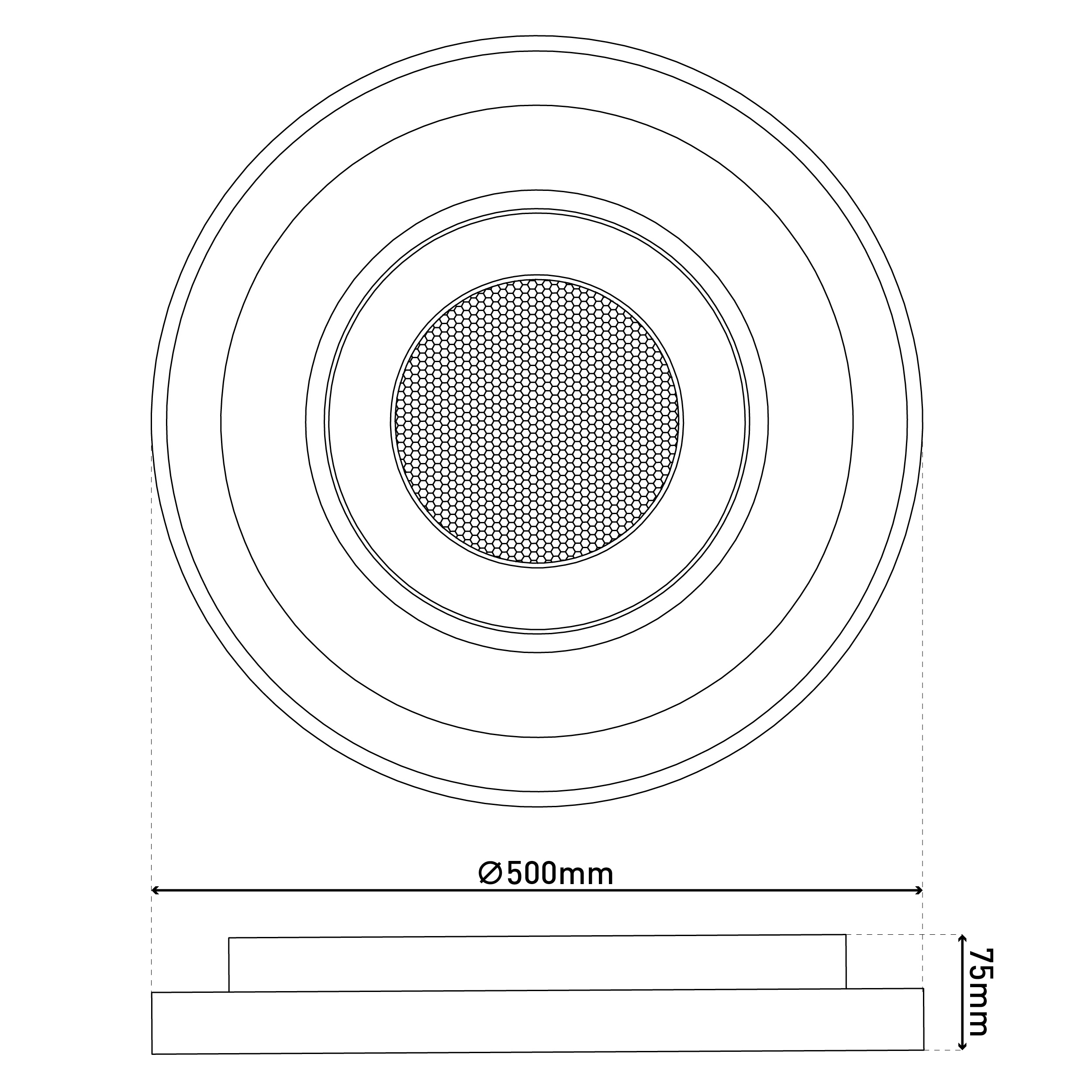 Ein Diagramm einer runden Deckenleuchte mit Messungen.