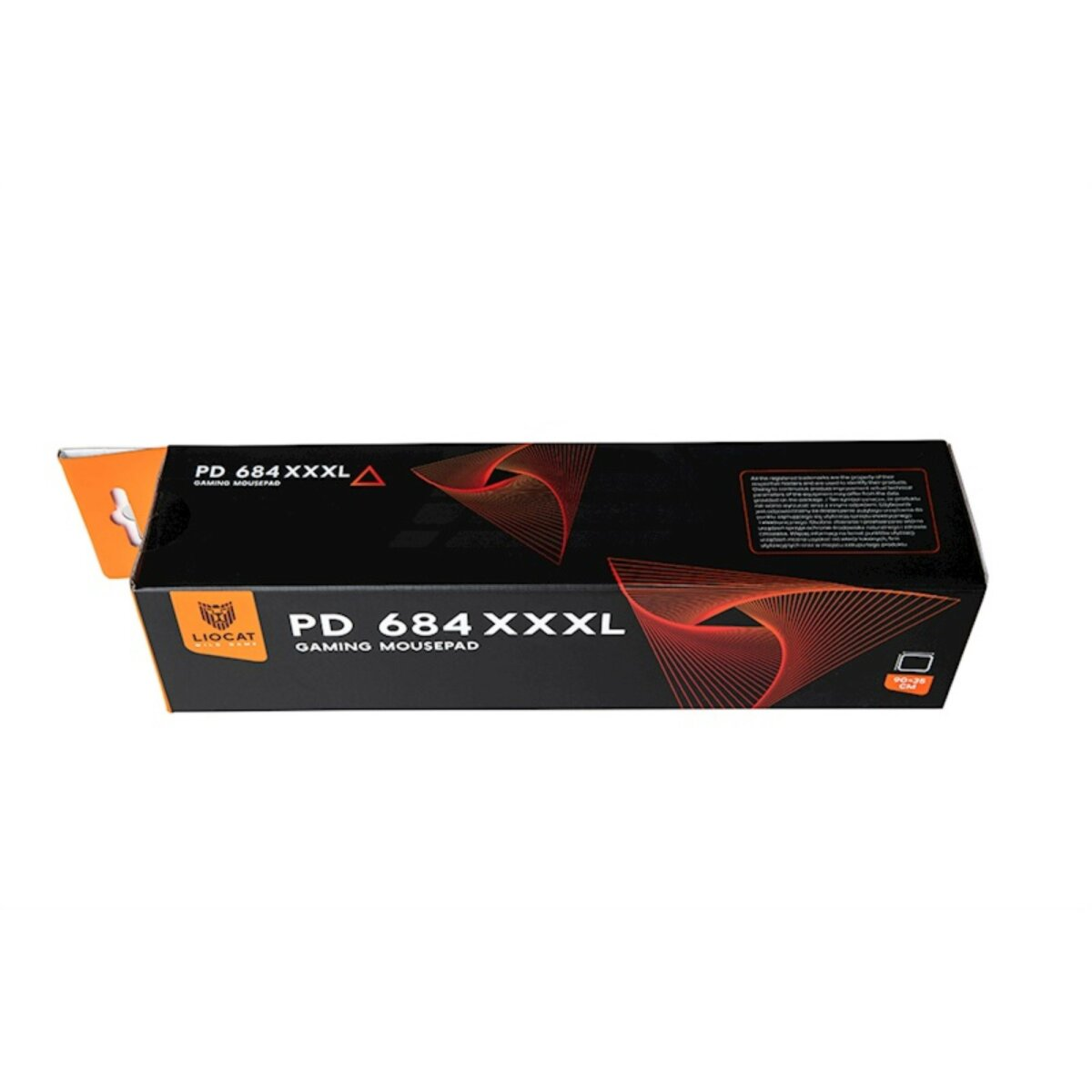 Eine Gaming-Mauspad-Box, mit Produktname und Logo sichtbar, auf weißem Hintergrund.