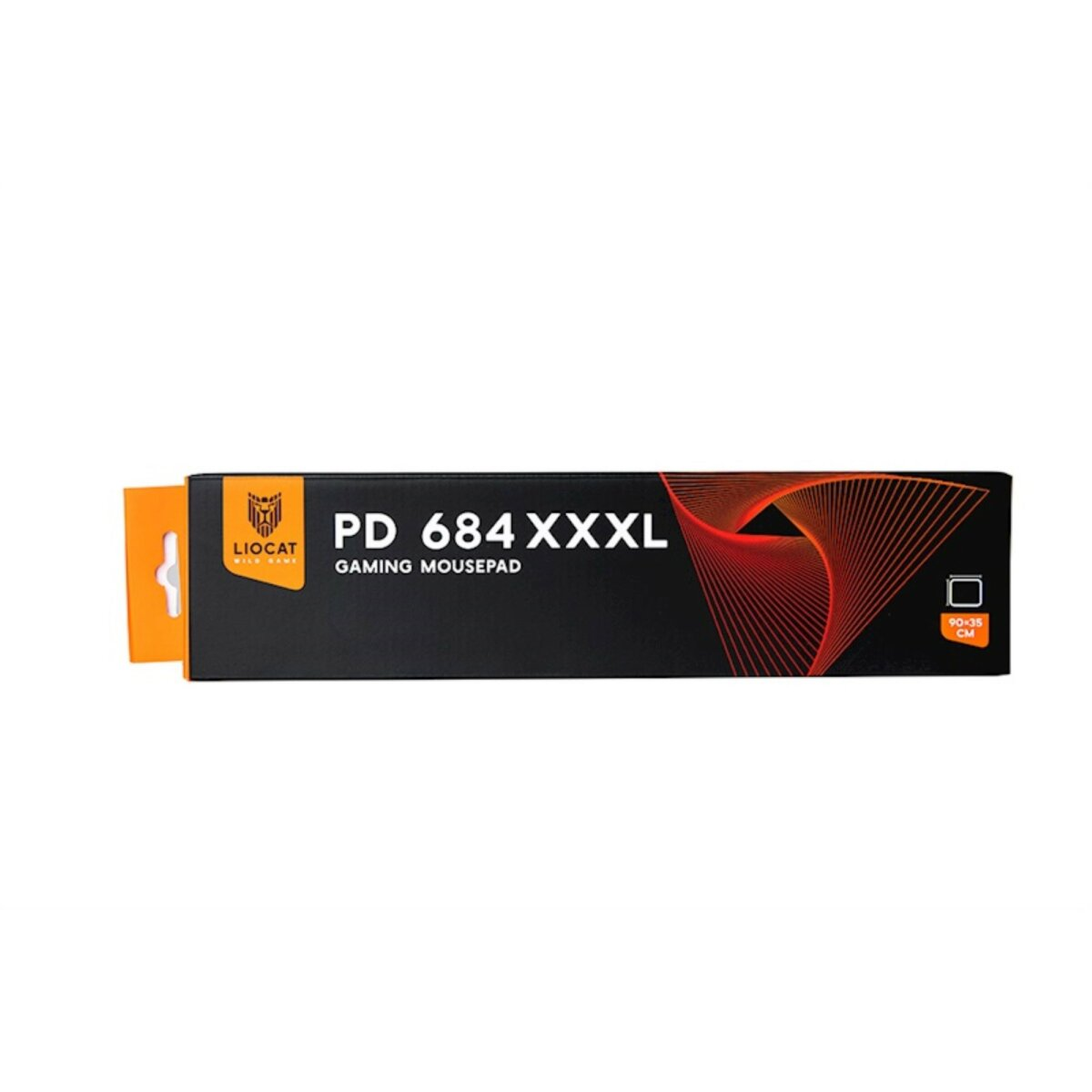Eine schwarze und orangefarbene Schachtel für ein Gaming-Mauspad. Es hat Text und ein Diagramm.