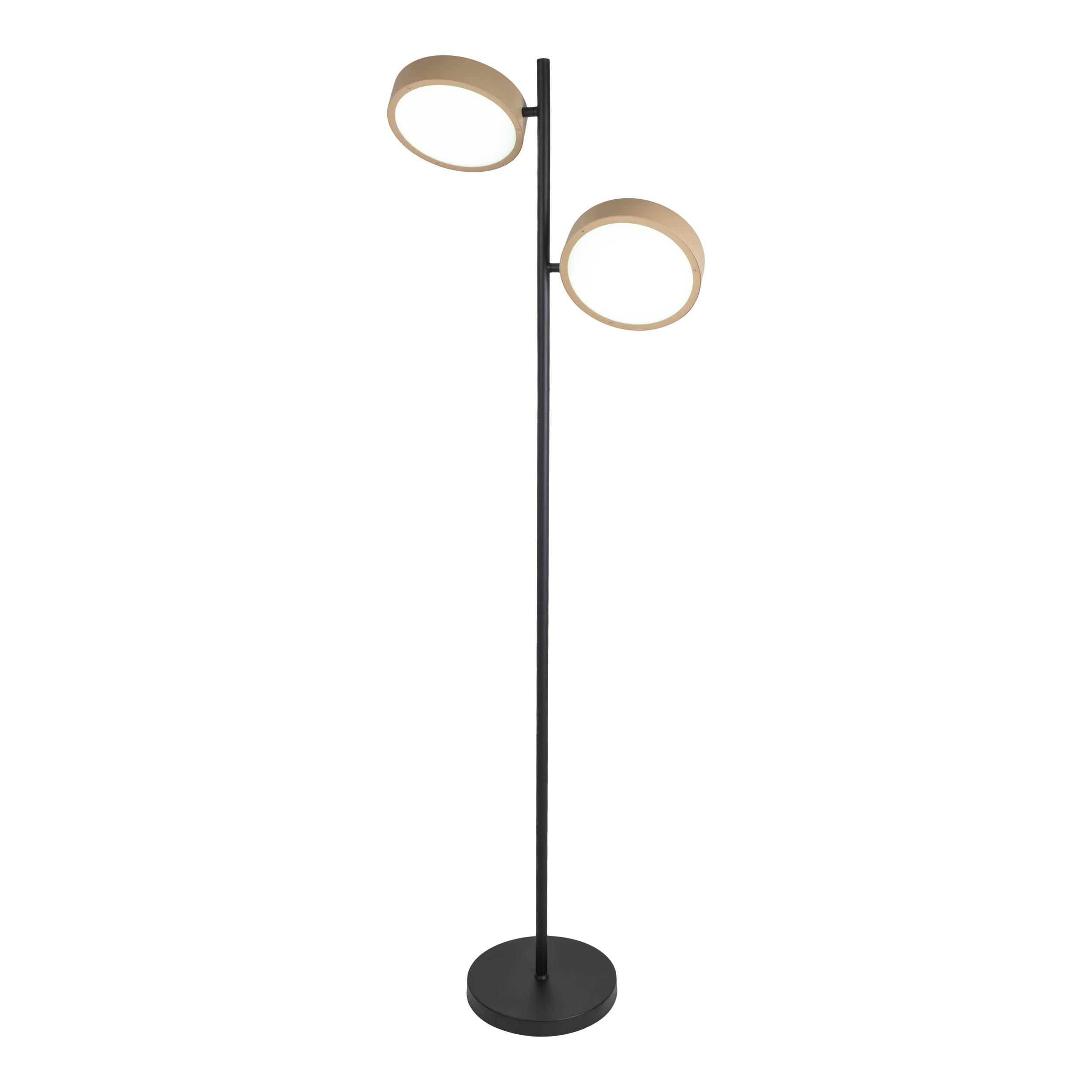 Eine moderne Stehlampe mit zwei kreisförmigen Lichtern an einem schwarzen Pfahl und Sockel.