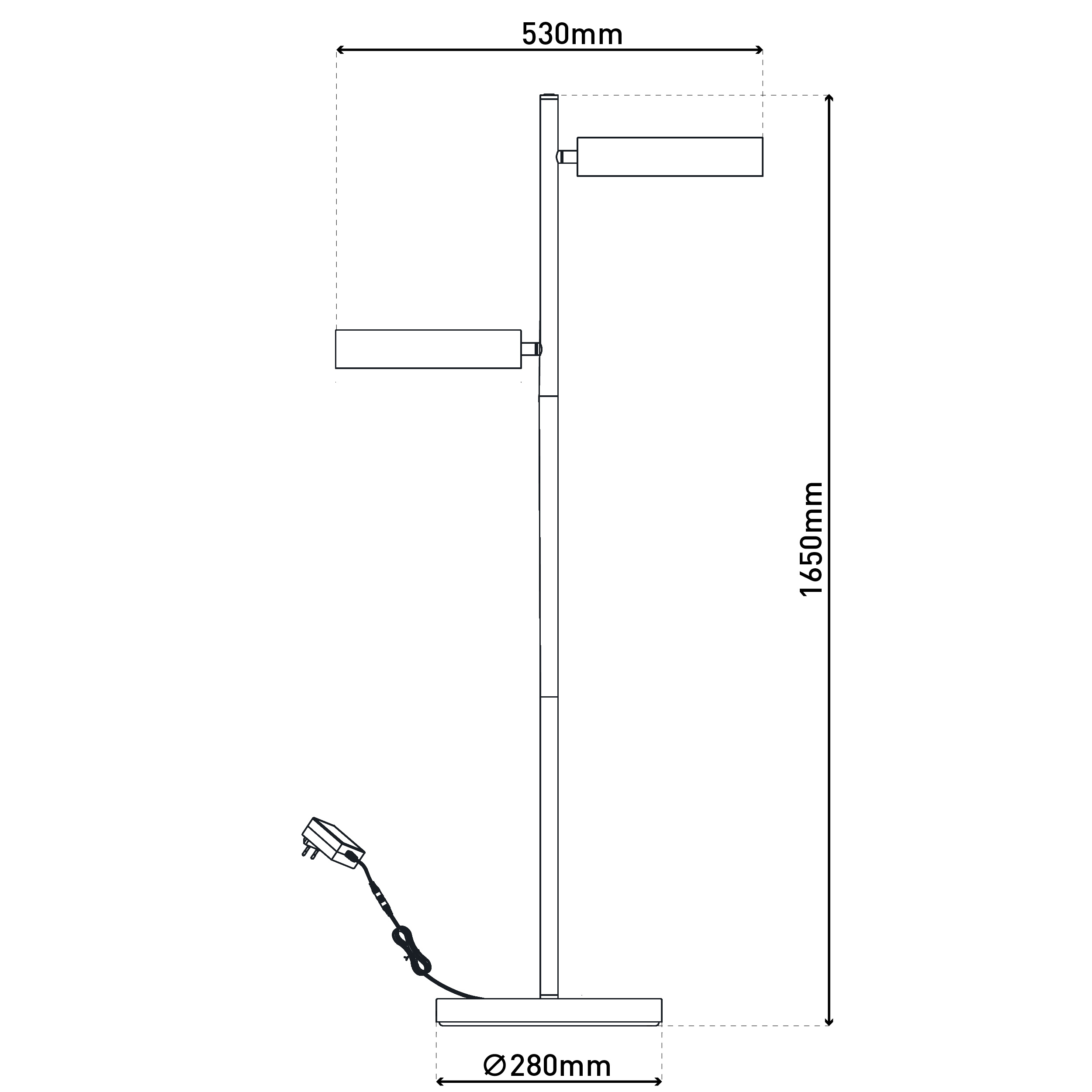Diagramm einer Stehlampe mit den Maßen: 530 mm, 1650 mm und 280 mm.
