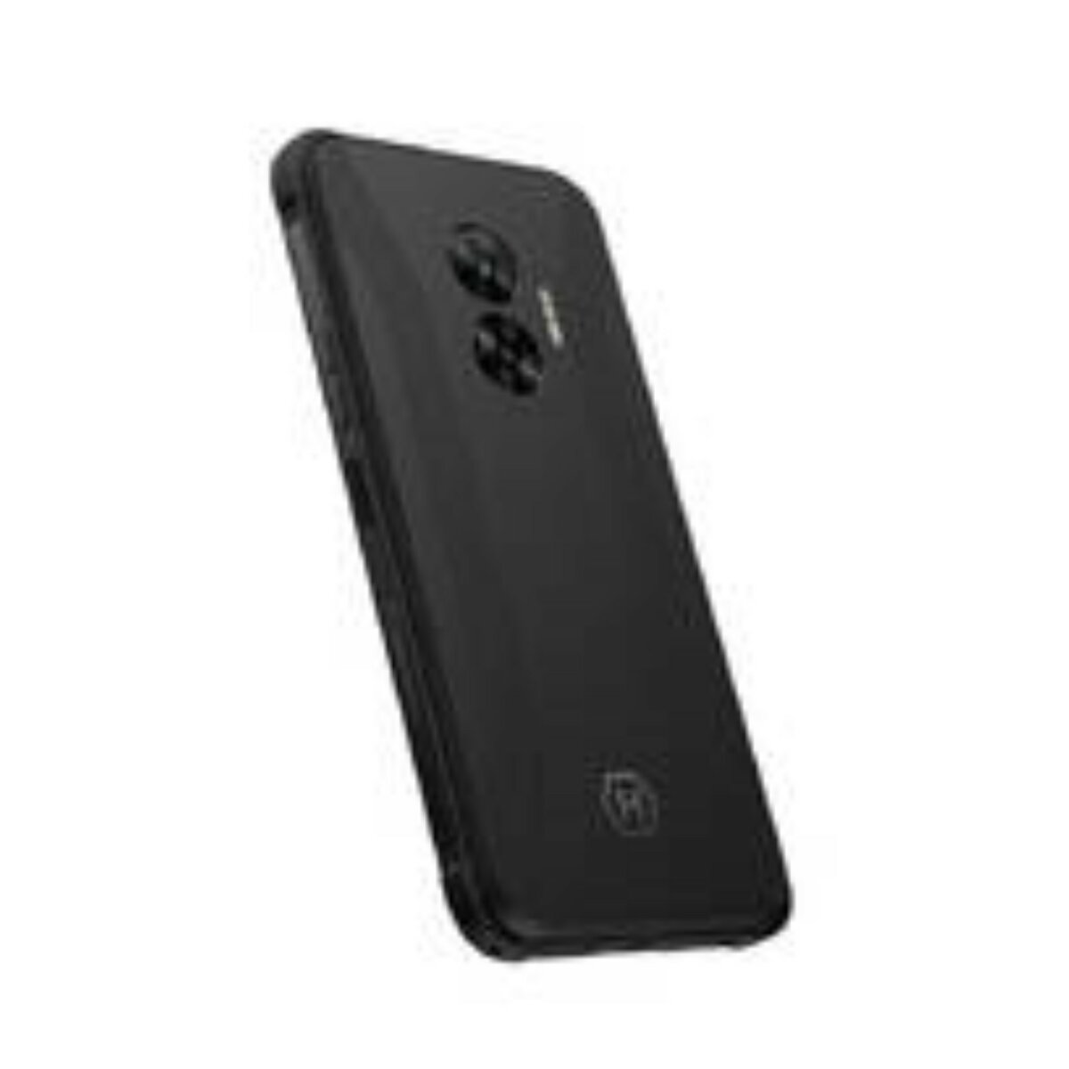 Schwarzes Telefon mit zwei Kameras auf der Rückseite, in einer Hülle. Abgewinkelte Ansicht, auf weißem Hintergrund.