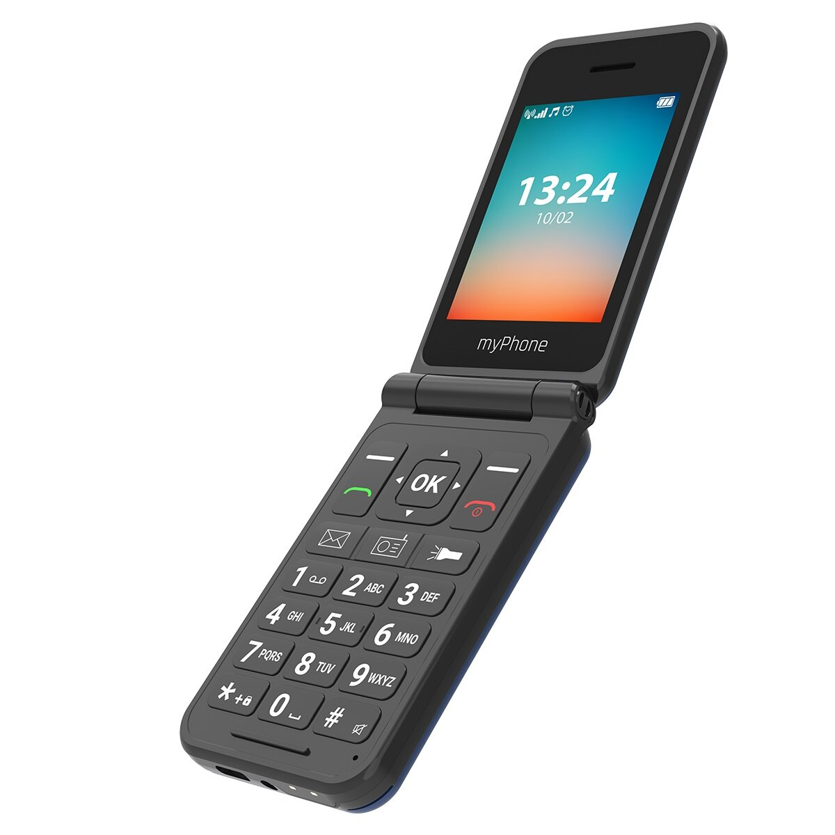 Un teléfono plegable negro, abierto, mostrando la hora y una interfaz telefónica. Tiene botones grandes.