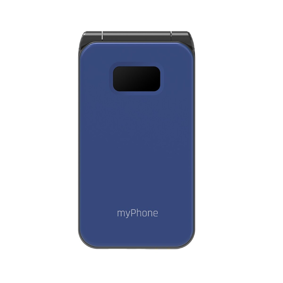 Un teléfono plegable azul cerrado, con la palabra 'myPhone' impresa en la parte inferior.