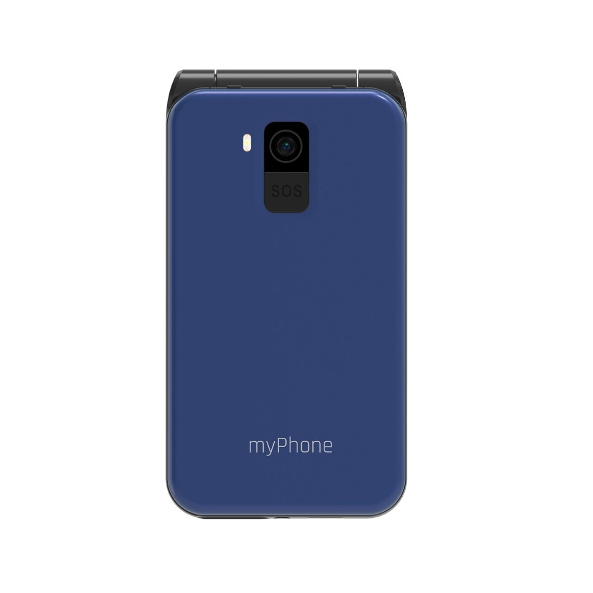 Teléfono plegable azul, cerrado, mostrando la cámara trasera y botón SOS.