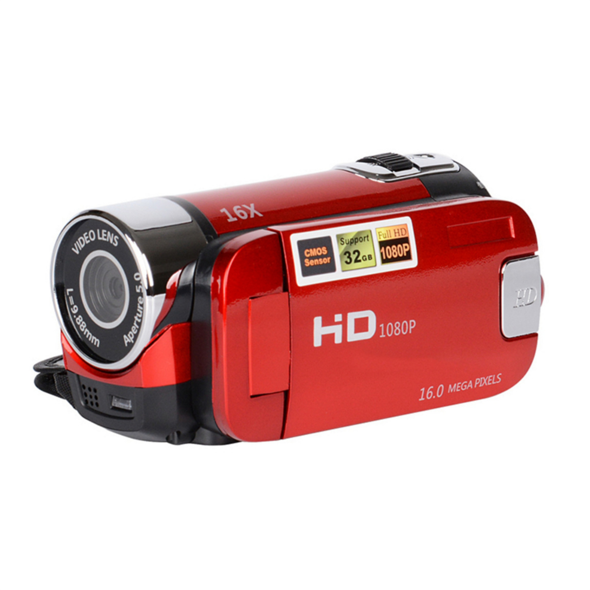 Rote Videokamera mit dem Wort HD. Sie hat die Wörter 16X, 1080P und 16,0 Megapixel.