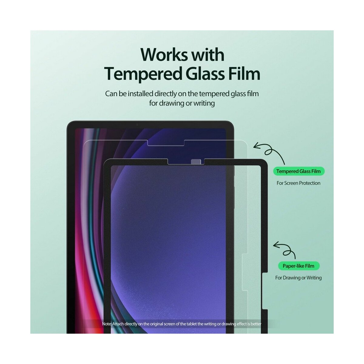 Ein Tablet mit Displayschutzfolien, die Anwendungsanweisungen zeigen.