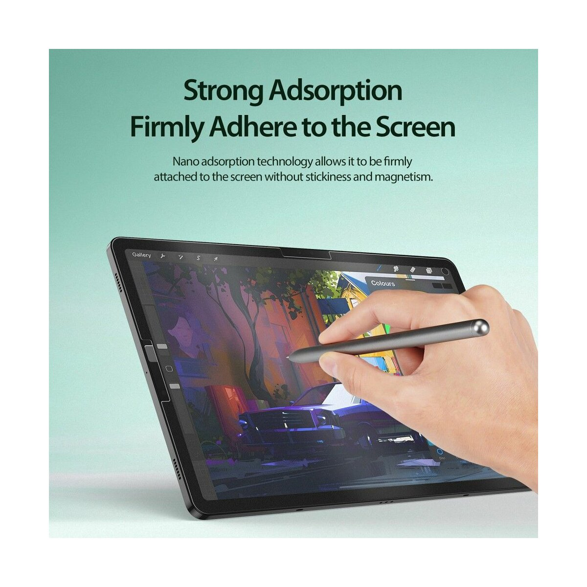 Tablet-Bildschirm mit Stift. Text: Starke Adsorption, Nano-Adsorptionstechnologie. Hand benutzt Stift, schwarzes Tablet.