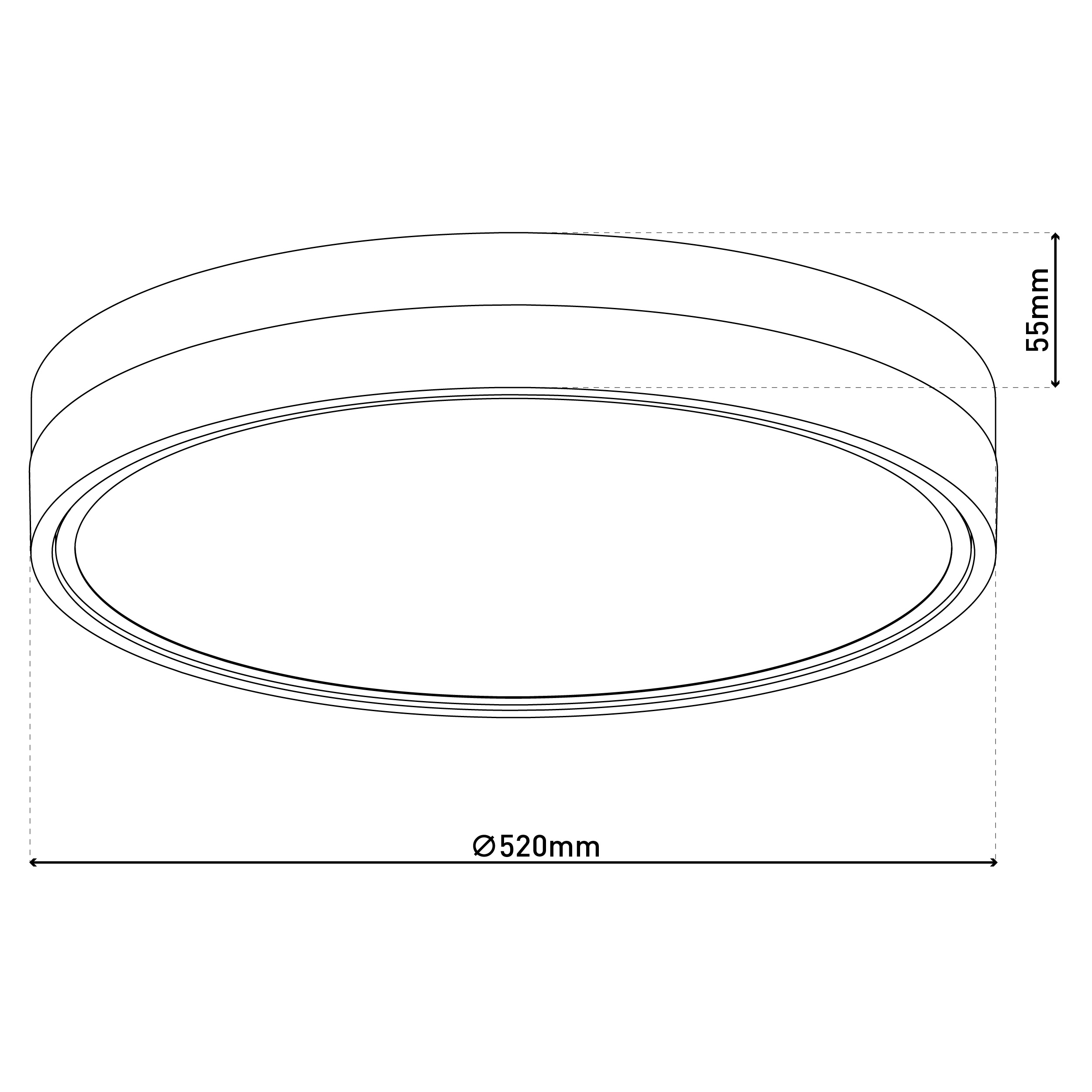 Eine kreisförmige Deckenleuchte mit Abmessungen. Der Durchmesser beträgt 520 mm und die Höhe 55 mm. Es ist eine Strichzeichnung.