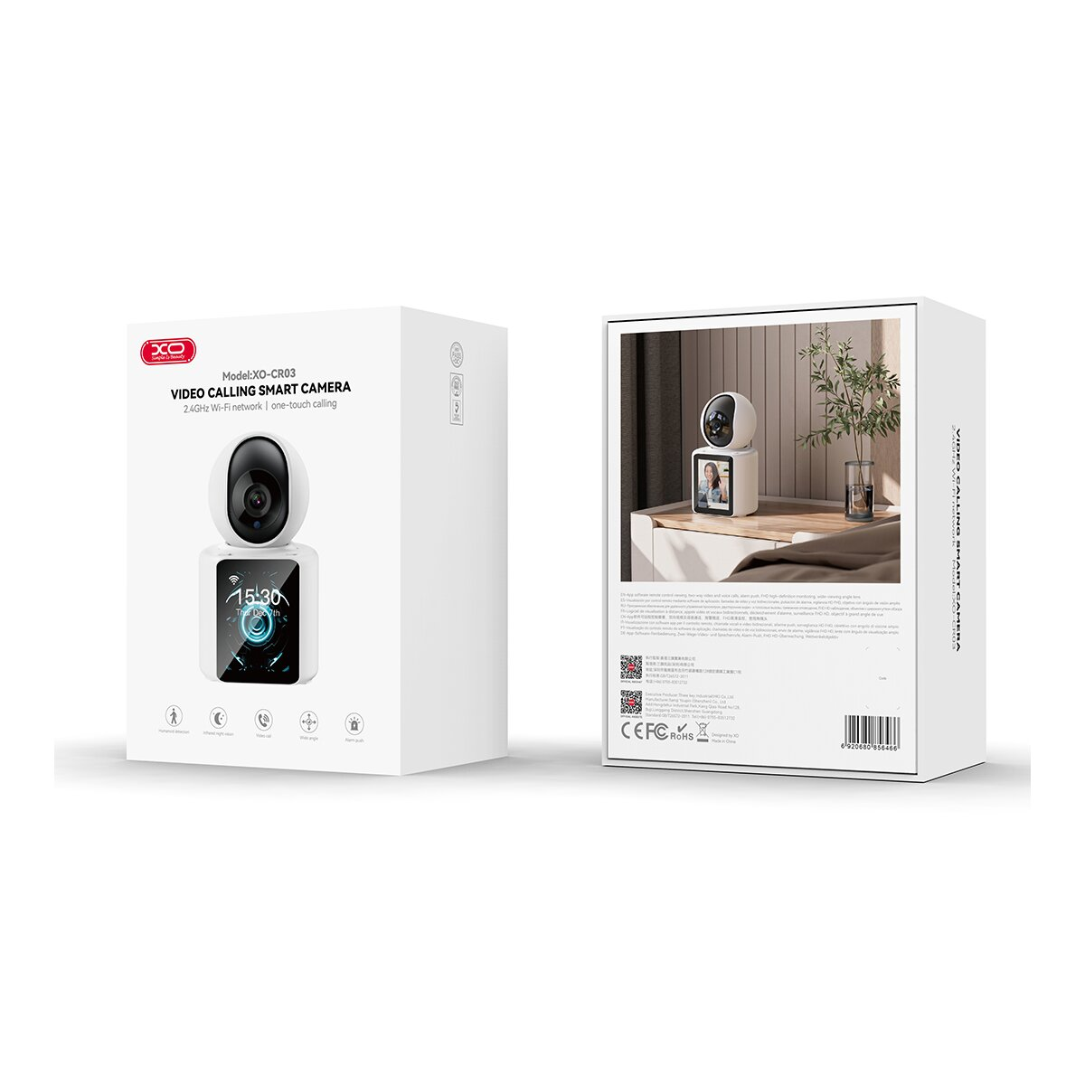 Verpackung der Smart-Kamera mit Bildern des Produkts und seiner Funktionen. Weißer Hintergrund.
