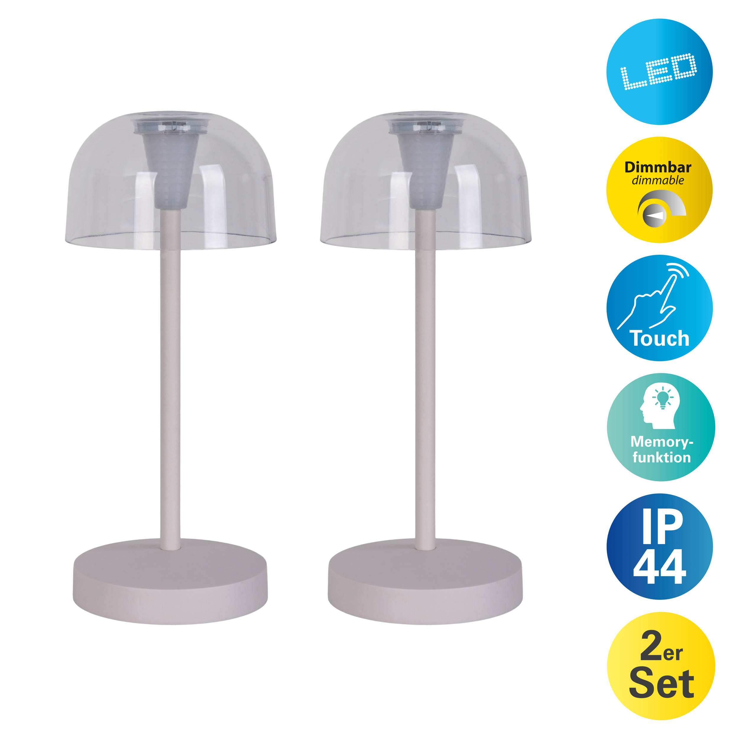 Zwei weiße Tischlampen mit transparenten Kuppeln neben Informationssymbolen für Funktionen wie LED und Touch.